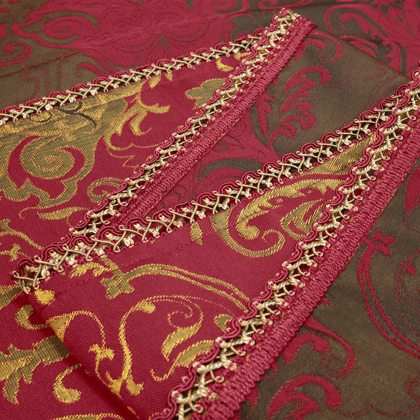Loom and Mill Luxury Fabric Tablecloth 60 x 120 Inch, Christmas Damask Jacquard Table Covers with Tassels for Dining Kitchen Tabletop Party Banquet Holiday Decoration, Water Resistant (Red, 60x120 in)