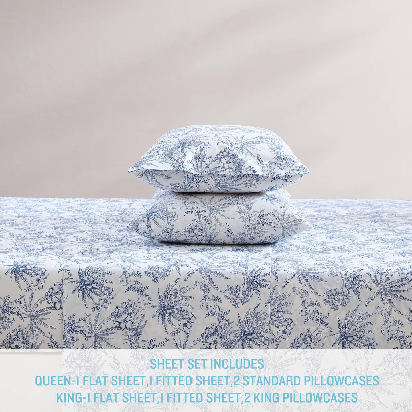 Tommy Bahama - King Size Sheets Set, Crisp & Tailored Cooling Sheets with a Smooth Cotton Percale Lightweight Feel - Bed Sheets with Matching Pillowcases & Fitted Sheet (Pen and Ink Palm Blue)