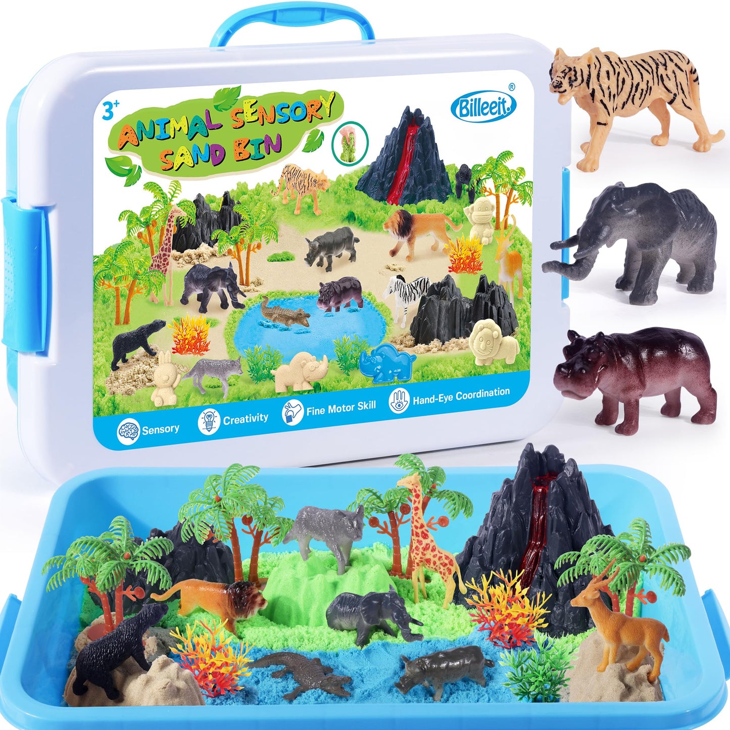 Billeeit Animal Sensory Bin Sand Toy, Play Sand Kit w/lid and 2.2lbs Moldable Sensory Sand, Molds, Tools, Map Set 35pcs Total, Fun Gift for Kids 3+