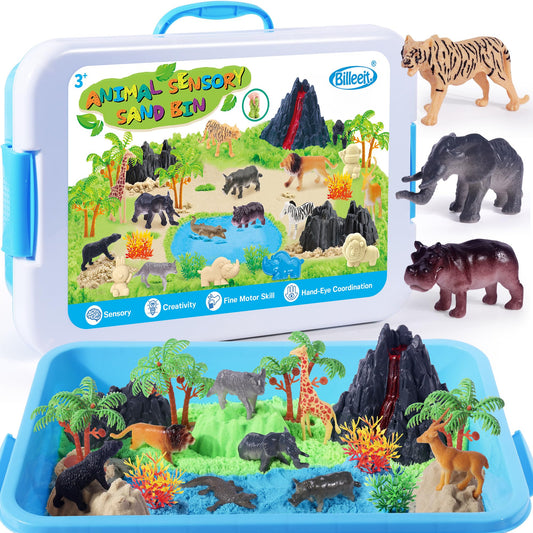 Billeeit Animal Sensory Bin Sand Toy, Play Sand Kit w/lid and 2.2lbs Moldable Sensory Sand, Molds, Tools, Map Set 35pcs Total, Fun Gift for Kids 3+
