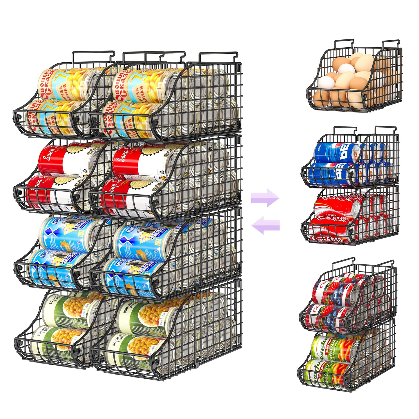 8-Pack Can Organizer for Pantry, Stackable Cabinet Food Shelves for Fridge, Wire Cupboard Storage, Holds up to 72 Beers,Small Metal Bin for Drink Beverage Egg Gillas, Rack for Kitchen Countertops RV