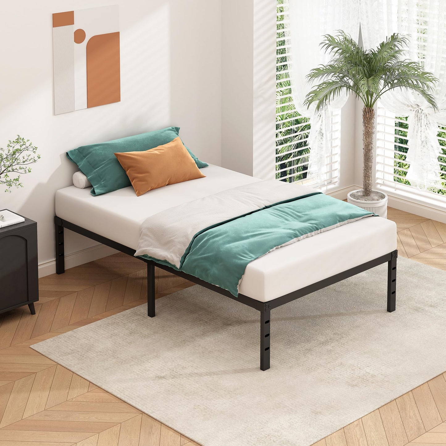 HLIPHA Metal Platform Bed Frame 14 Inch Tall Bed No Box Spring Needed,Twin Size Bed with Sturdy Slat Support,Easy to Assemble,Black
