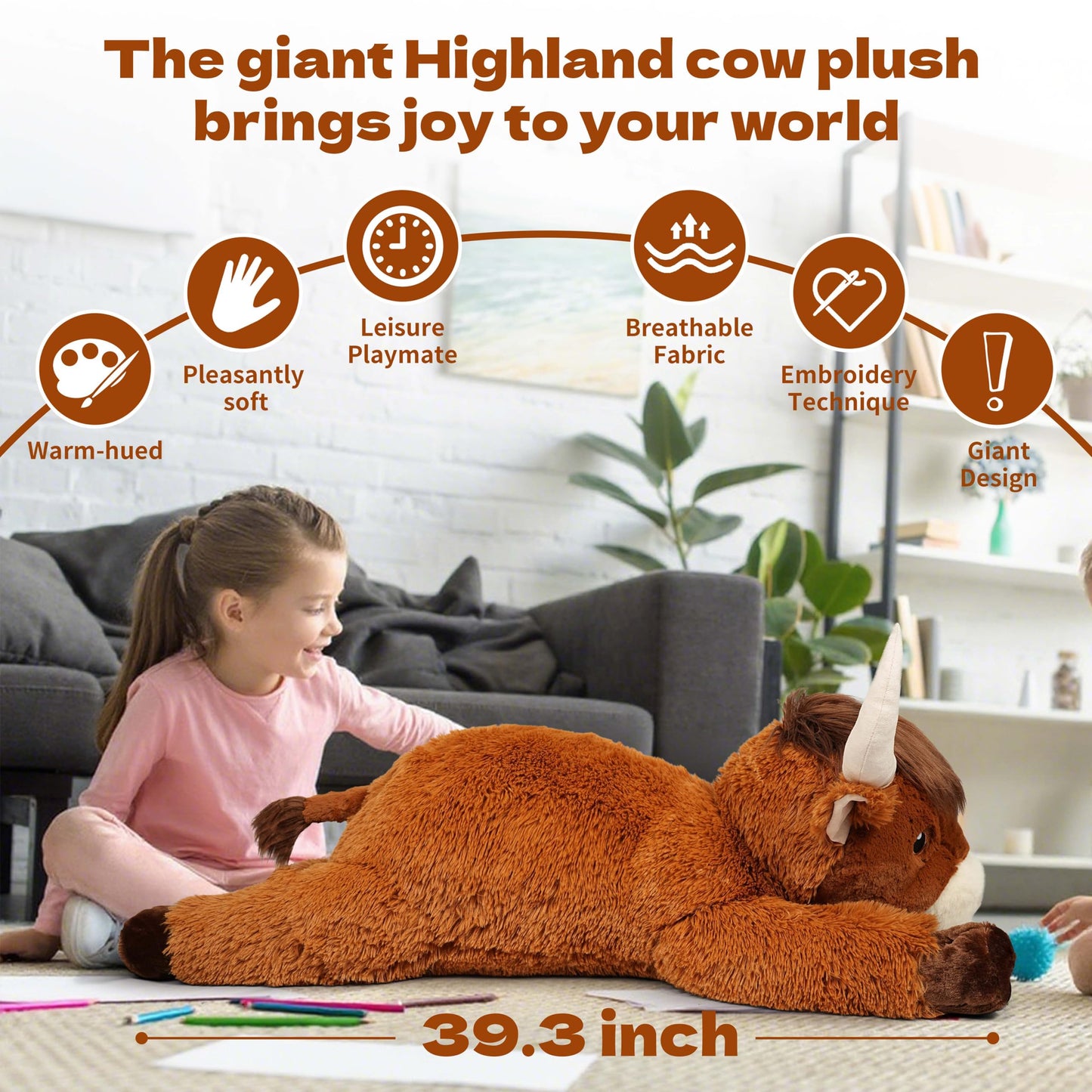 39 Inch Giant Highland Cow Stuffed Animal, Big Cattle Plushie Toy for Kids & Adults, Fluffy Large Size Stuffed Cow Hugging Pillow Gifts for Birthday Christmas