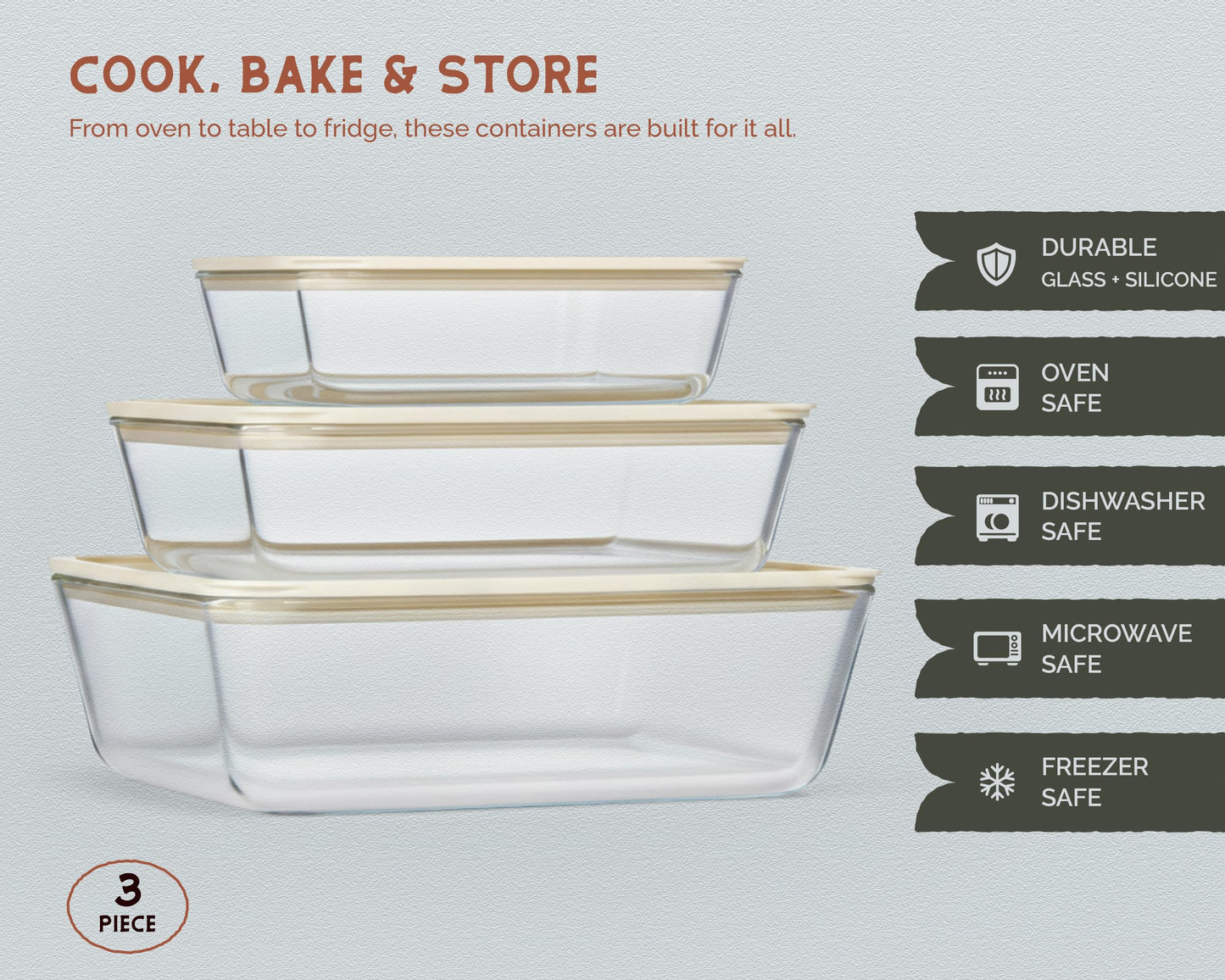 Vase and Vessel Non-Toxic Glass Storage Container Set, Borosilicate Glass, Tempered Glass Lids, Baking Pan, Airtight, Vented, Microwave, Oven & Dishwasher Safe, (Rectangular, Set of 3)