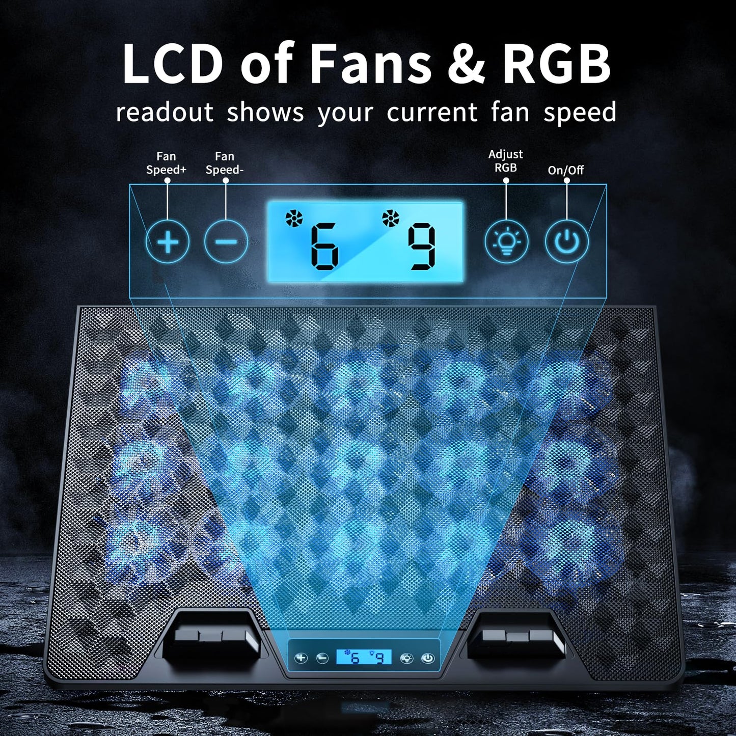KeiBn Laptop Cooling Pad, Gaming Laptop Fan Cooling Pad with 15 Quiet Fans, RGB Laptop Cooler for 10-17.3 Inch, 4 Height Stands, 2 USB Ports - Blue