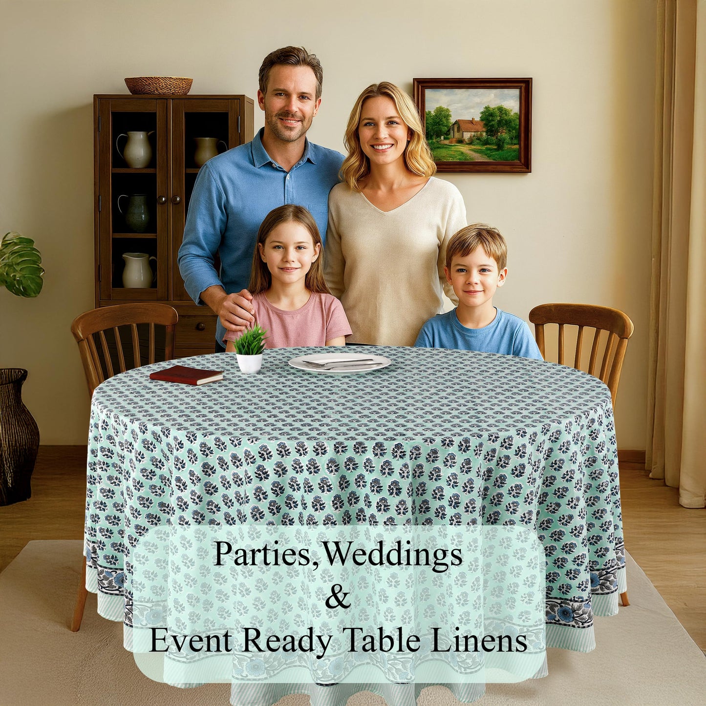 CPC Round Tablecloth- Cotton Indian Block Print Tablecloth -Handmade Printed Washable Cotton Table Cloth - Spring/Summer, Wedding Table Cover - Poppy Blue 90 Inches