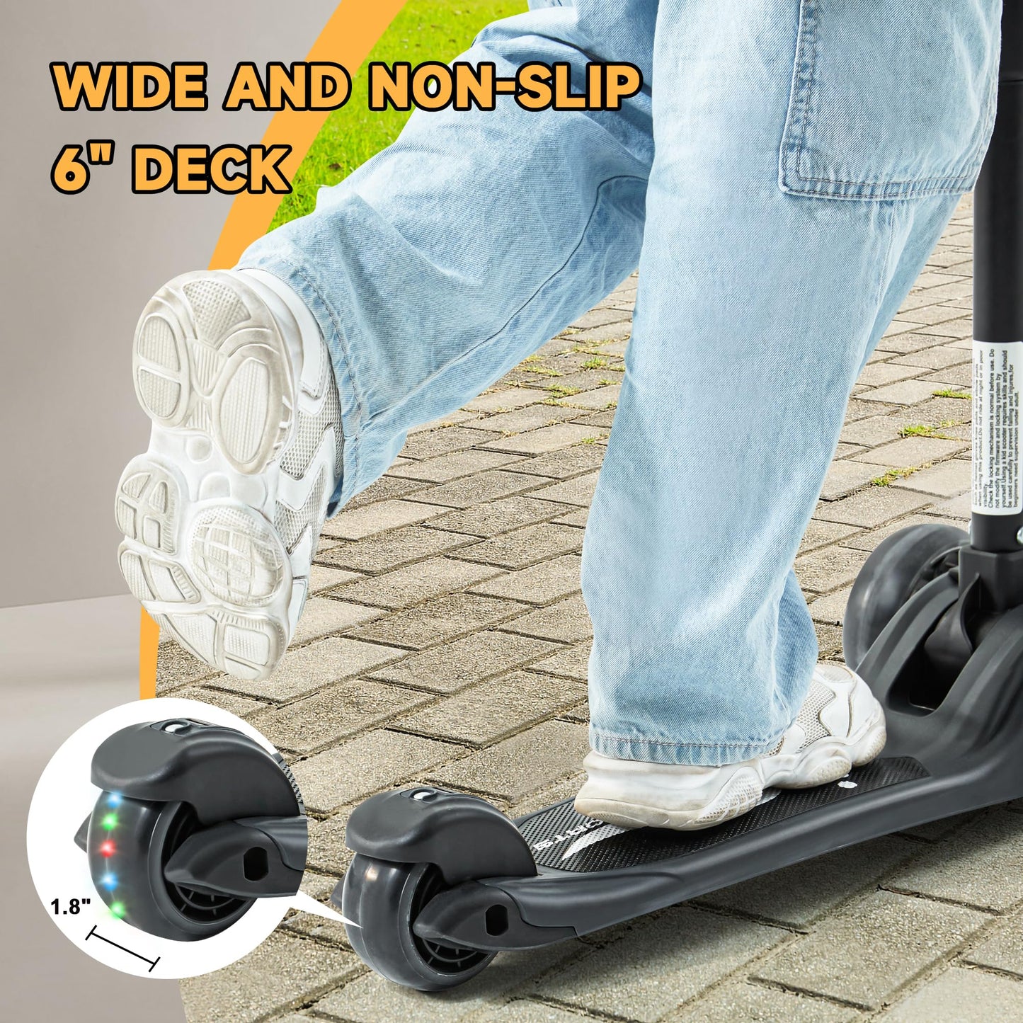 GLAMUP Kick Scooter Adjustable Height Adjustable Handlebar，Kids Scooter 3 Wheel with LED Lights，Suitable Kids Ages 2，Ages 6，Ages 8，Extra Wide Deck for Boys and Girls, Black