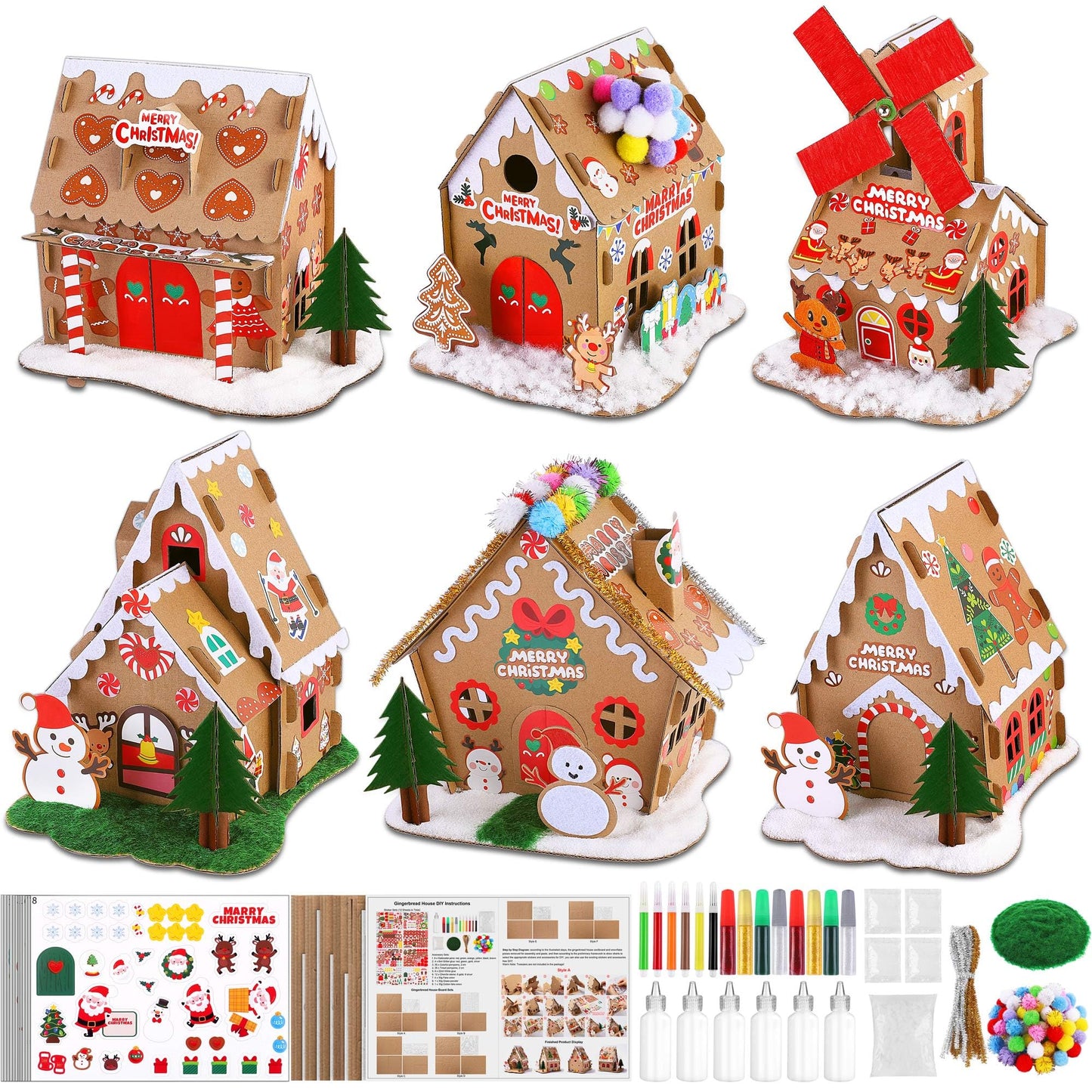 Fovths 6 Sets DIY Christmas Gingerbread House Kit 3D Christmas Cardboard Craft House Decoration DIY Build Gingerbread Houses for Holiday Arts Crafts Fun Home Activity Party Favors, Classic Style
