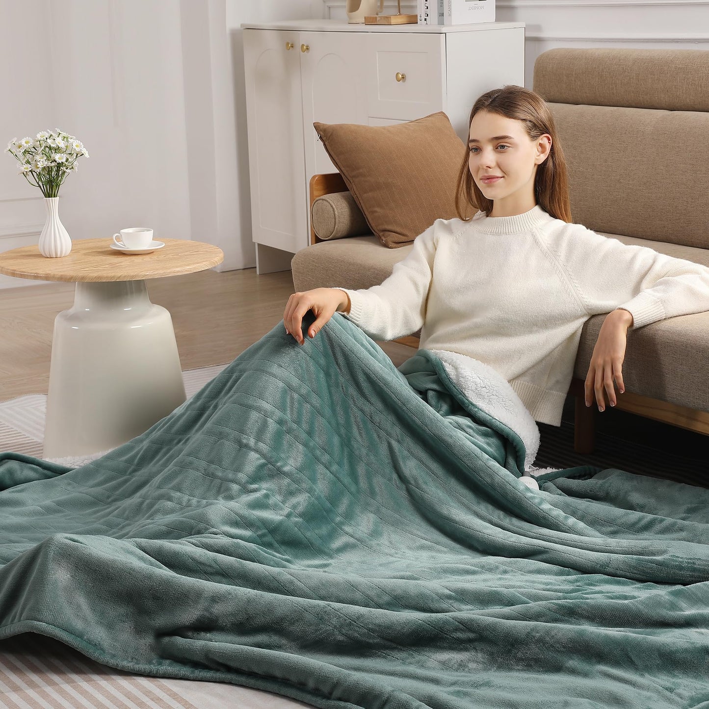 Electric Blanket Twin 62''X84'' Heated Blanket Green, Ultra Soft Silky Flannel & Fluffy Sherpa Heating Blanket with 5 Heat Levels & 10 Hrs Timer, ETL Certified & Overheat Protection, Gifts for Grandma