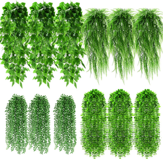 Daifunli 12 Pcs Artificial Hanging Plants Fake Hanging Ferns Plastic Faux Plants for Wall Room Garden Garland Indoor Outdoor Decor No Basket (Boston,Eucalyptus,Ivy Vine,String of Pearls)