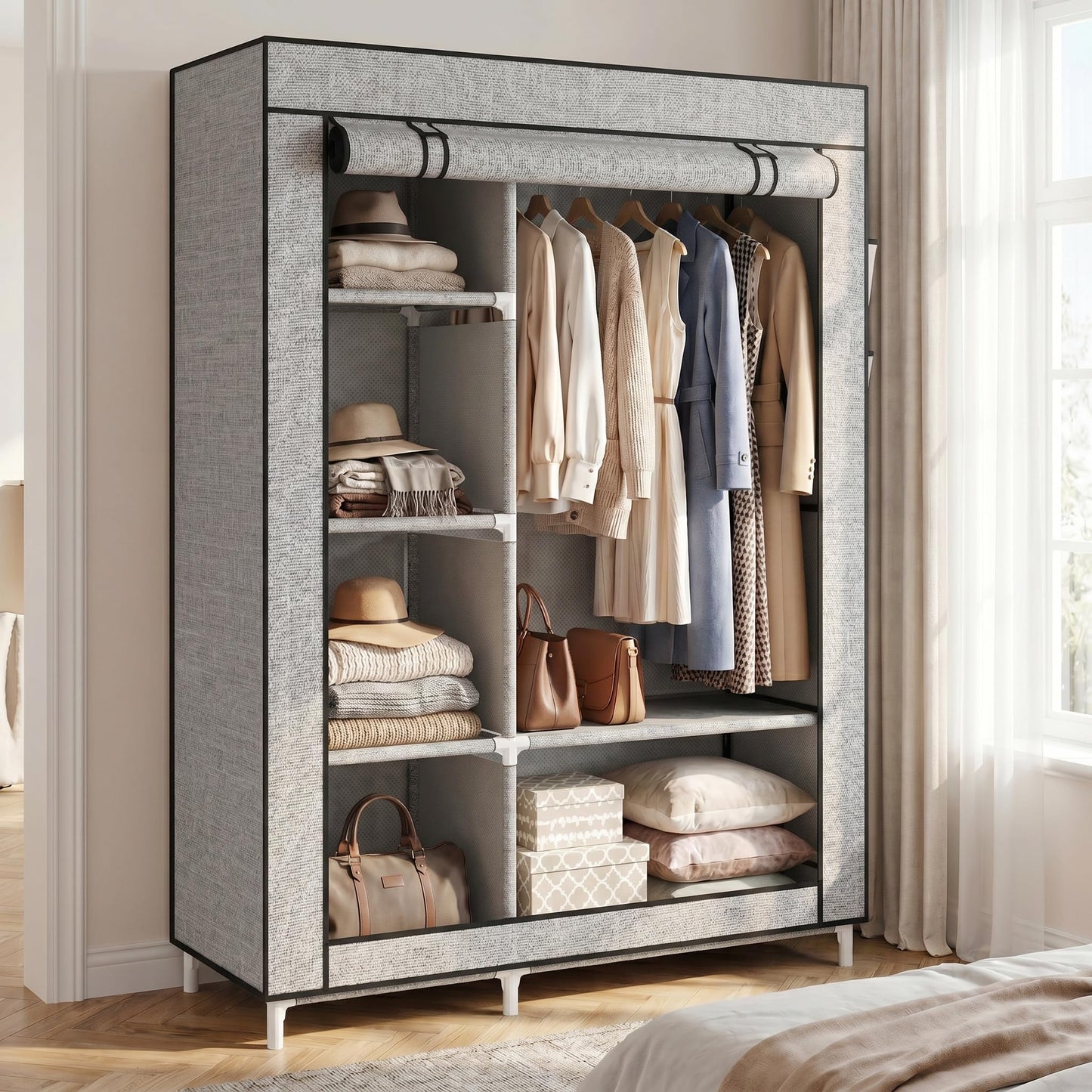 Calmootey Portable Closet Organizers, Clothing Storage, Wardrobe with 6 Shelves and Hanging Rod, Non-Woven Fabric Cover with 4 Side Pockets, Ash Grey