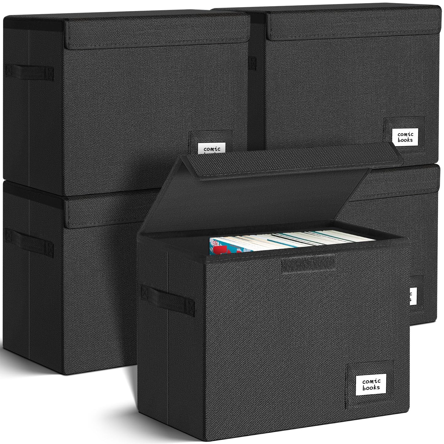 Leffis Comic Book Storage, Collapsible and Stackable Comic Short Box, Moistureproof Comic Box with Lid and Label Slot 15.5" X 7.5" X 11.3" Holds 150 Comics (5)