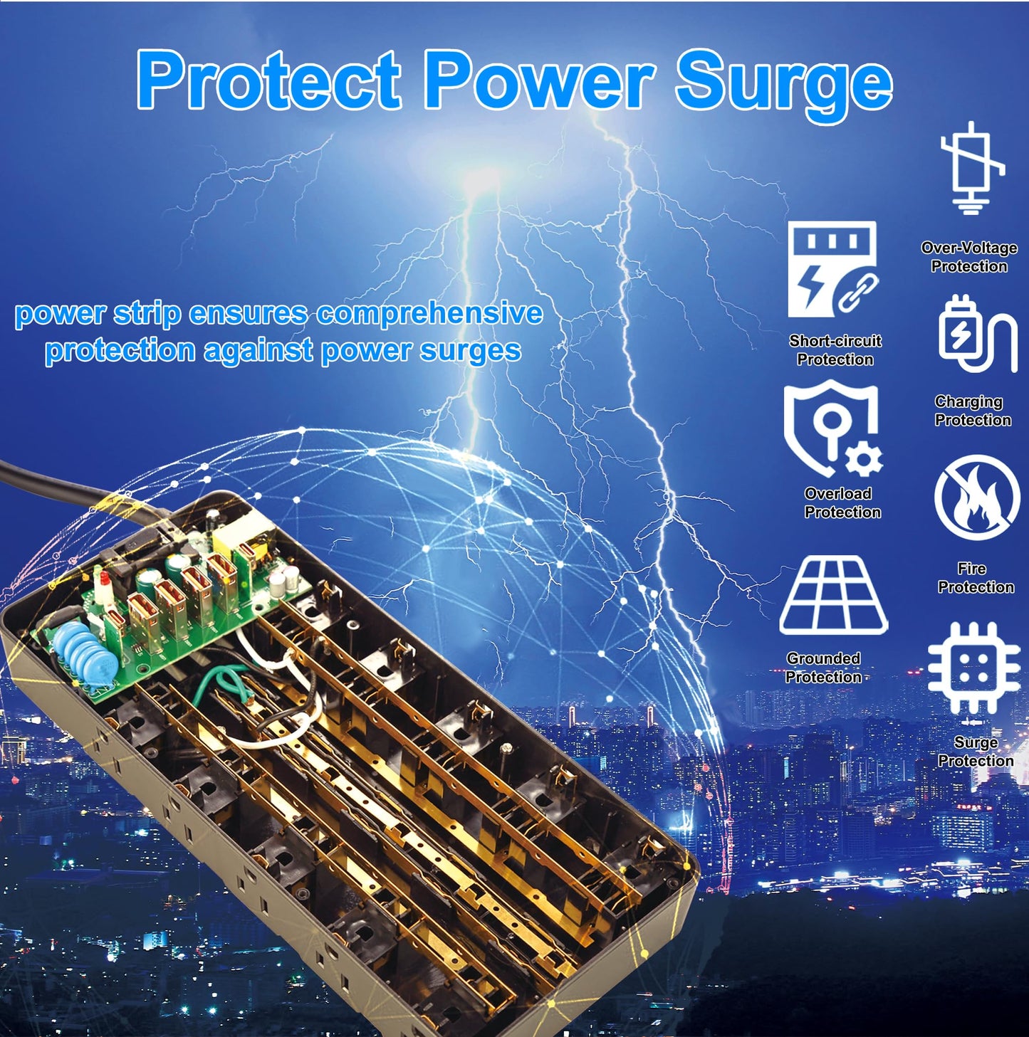 20 Amp Power Strip Surge Protector,Straight Plug Heavy Duty 12 Gauge Cord 6.5 ft,2000W 25 AC Outlets,6 Fast USB Ports,4000 Joules Protection,Office Workshop Household Garage Black