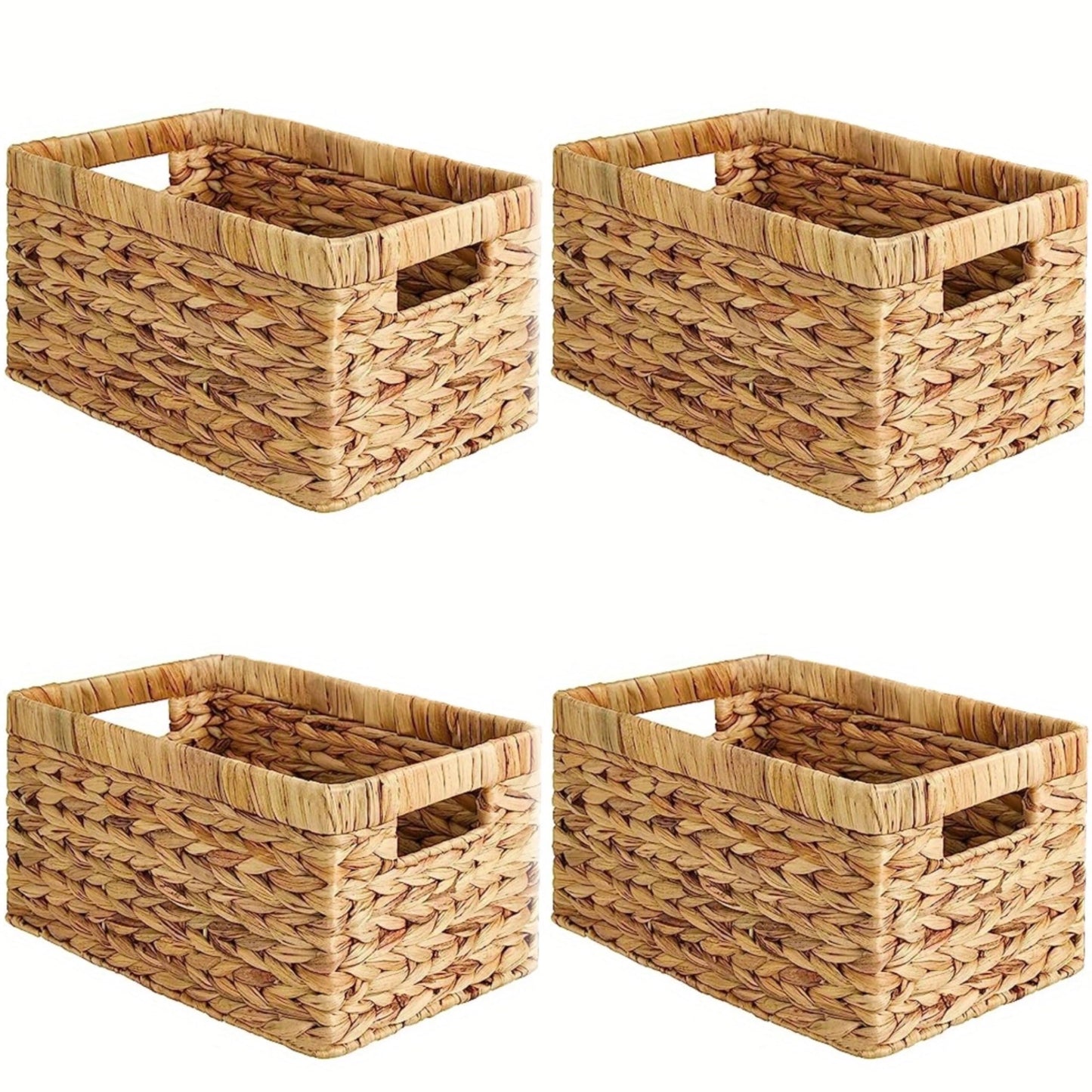 Water Hyacinth Woven Storage Baskets, Set of 4 Wicker Baskets for Organizing with Built-In Handles, Handwoven Rectangular Shelf Bins for Pantry, Bathroom, Kitchen, Closet (13 x 8.25 x 7 in)