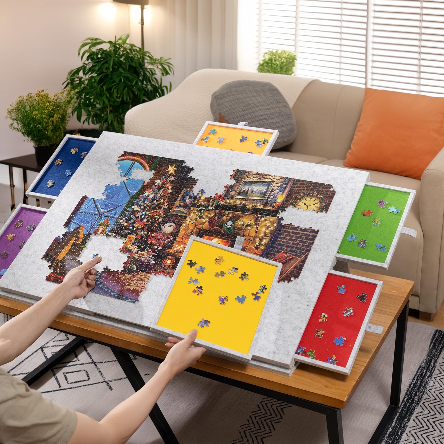 Lavievert 1500 Piece Tilting Puzzle Board with 2-in-1 Designed Stand & Cover, Lightweight Felt Mat Plateau with 6 Colored Drawers, Portable Jigsaw Puzzle Table with Storage for Adults – Light Gray