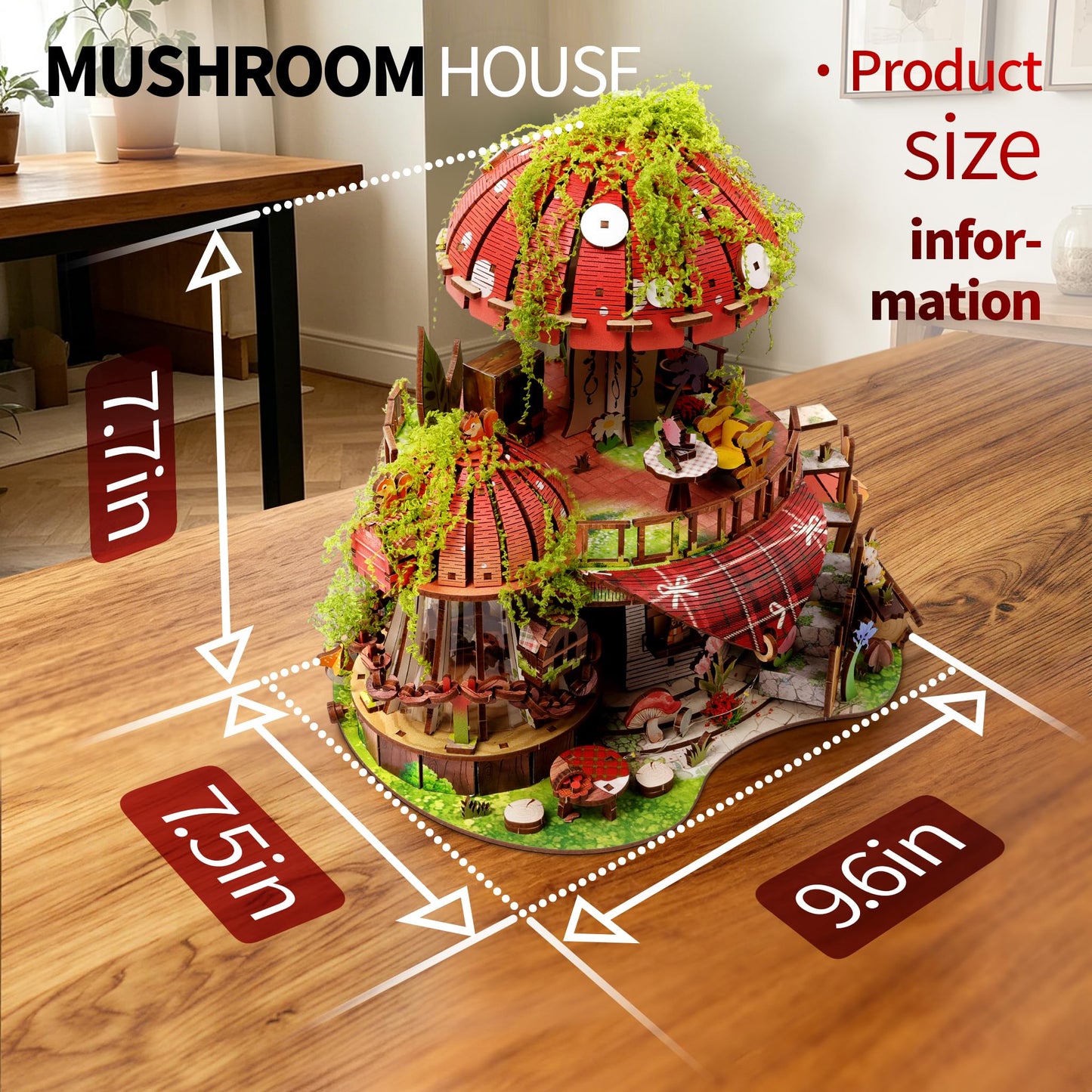 Garden Mushroom Dollhouse Book Nook Kit, DIY Miniature Wooden 3D Puzzle Dollhouse, Fantasy Bookshelf Decor Craft Building Set, Home Shelf Decoration for Adults & Teens, with String Light Edition