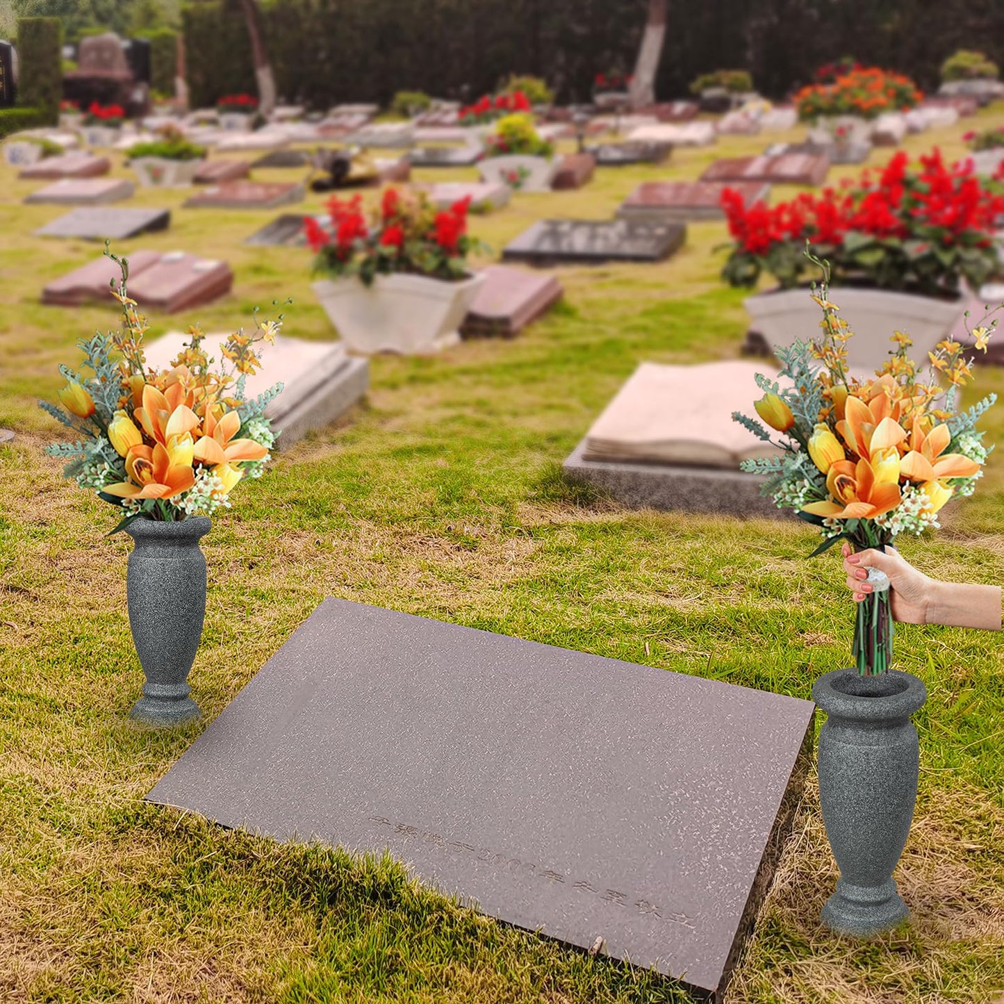 Cemetery Vase, Resin Grave Vase Memorial Flowers Vases for Home Tabletop, Artificial or Fresh Flowers, Cemetery Grave Headstone Decorations (2Pcs, Grey), No Draining Holes