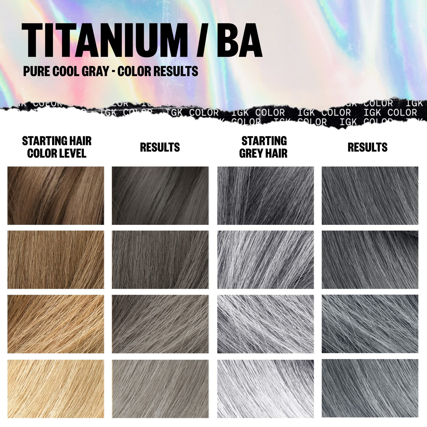 IGK Permanent Hair Color Kit | BA Titanium - Pure Cool Gray | 100% Gray Color Coverage + Strengthen + Shine | Ammonia Free