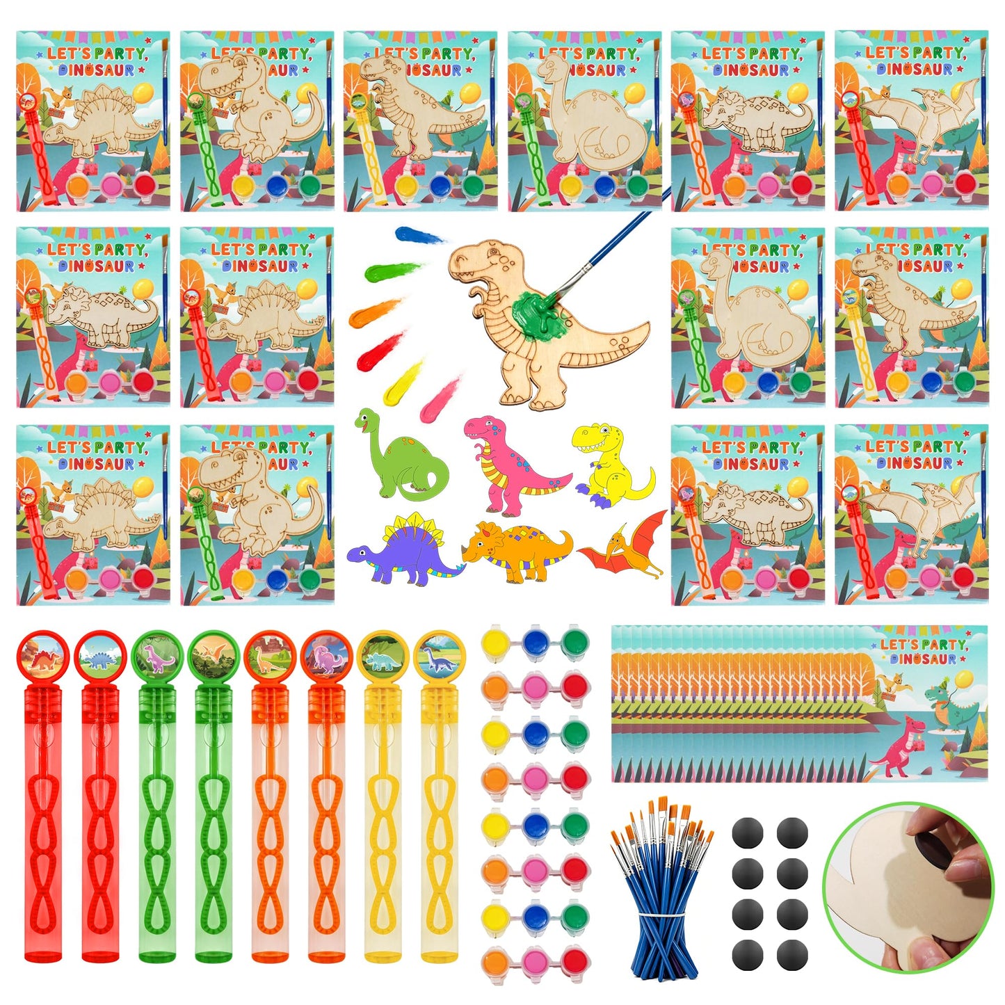 HandTool Dinosaur Party Favors for Kids,Dino Party Favors with 24PCS Wooden Dinosaur Crafts to Paint,Paint Sets,Bubble Wands,Magnets,DIY Cards and OPP Bags,Birthday Supplies for Kids Classroom Rewards