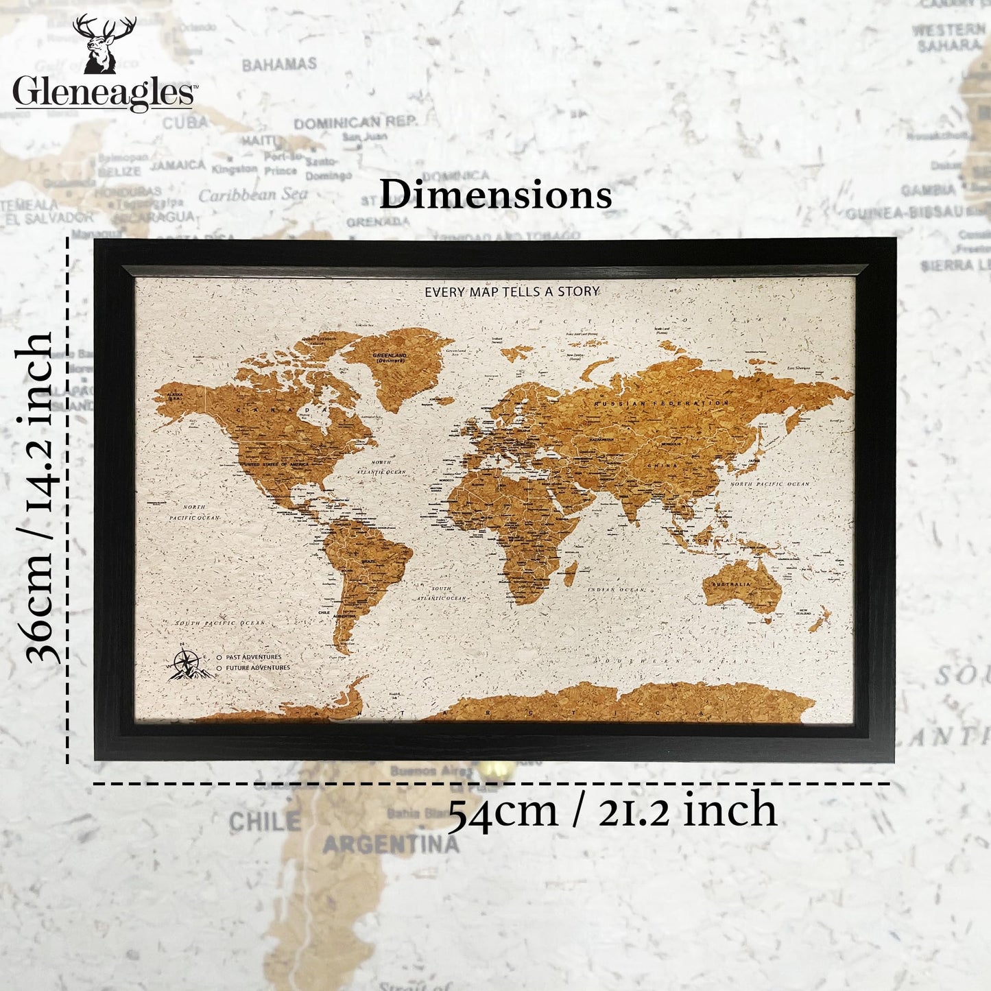 Gleneagles World Travel Map with Pins - Black Frame Cork Board 70 Push Pins Included 21.2''x14.2'' Home Office Wanderlust Decor Gift Present for Travelers Mark Past Future Adventure 3 Colours