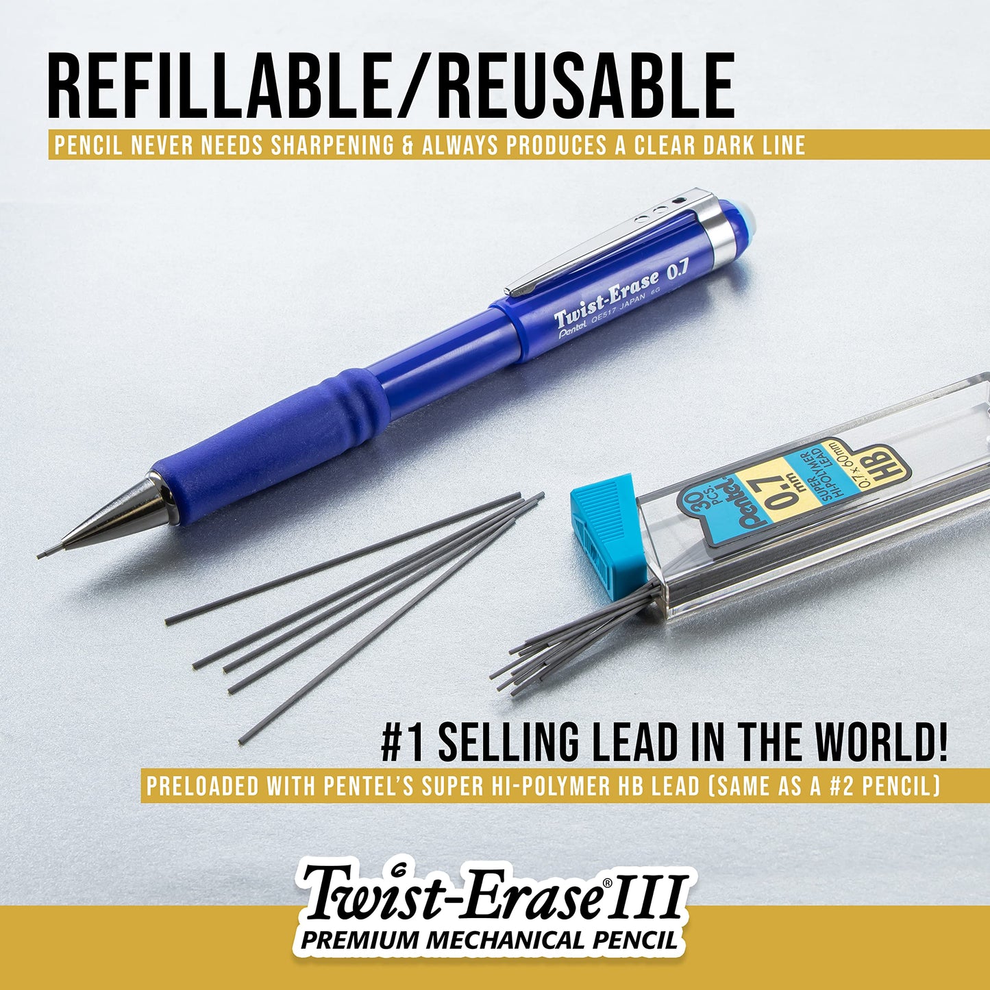 Pentel Twist-Erase III Mechanical Pencil, (0.9mm), Blue Barrel, Box of 12 (QE519C)