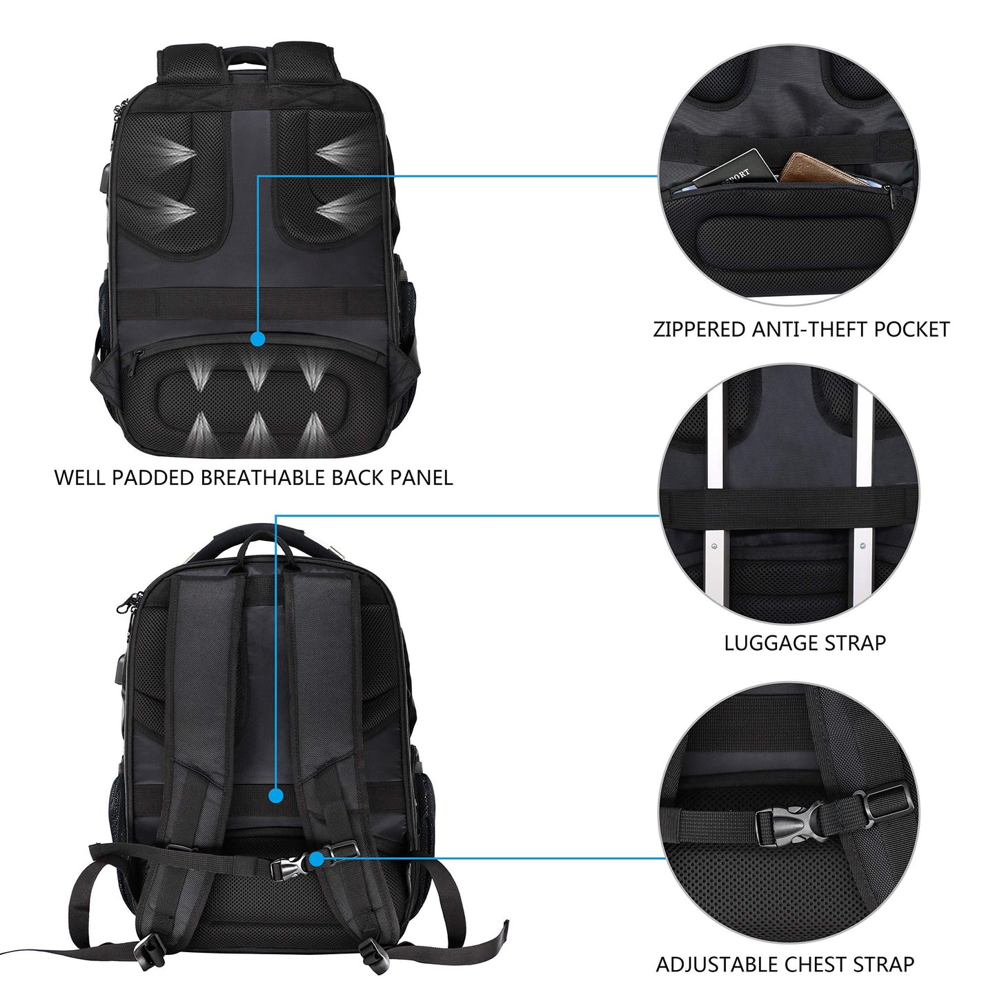 KROSER TSA Friendly Travel Laptop Backpack 17.3 inch XL Computer Backpack Water-Repellent College Daypack Business Backpack with RFID Pockets & USB Port for Men/Women-Black
