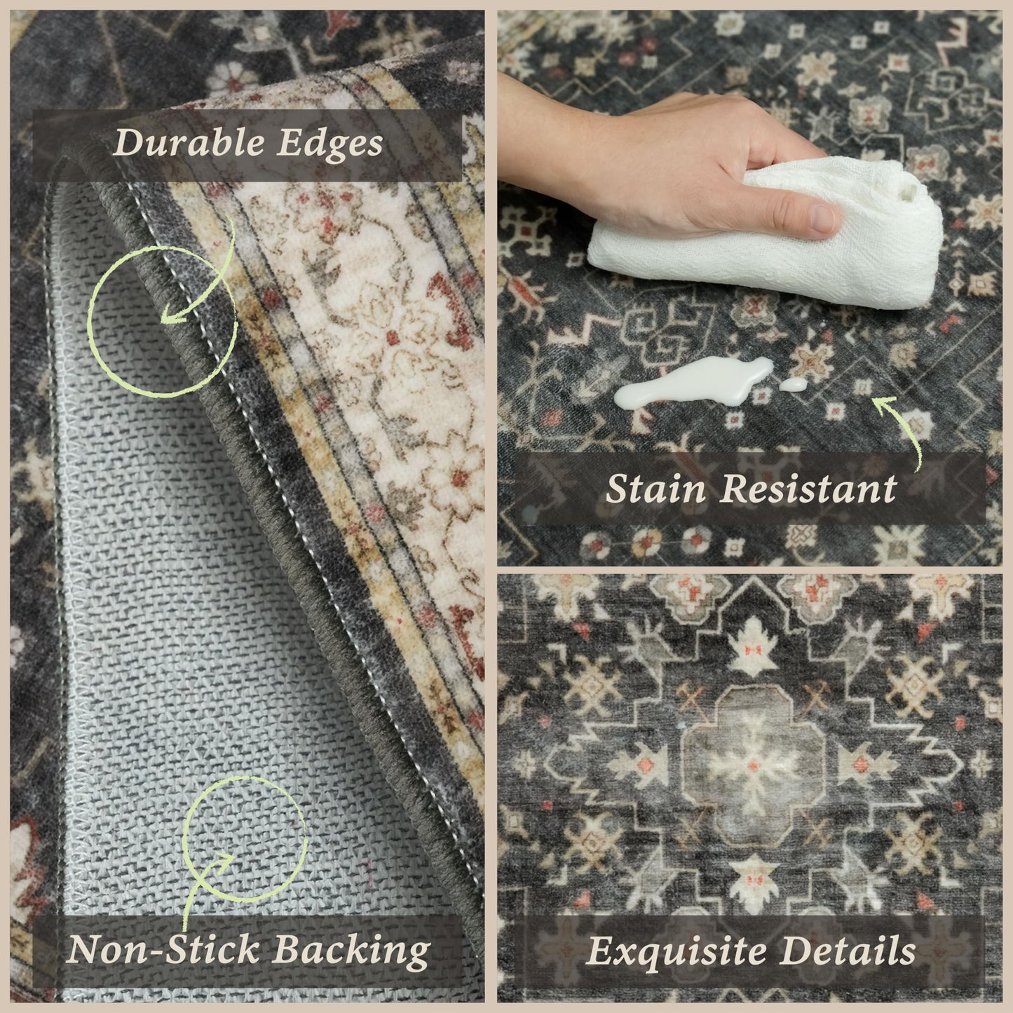 Black Boho Kitchen Rugs Set of 3, Non-Slip Machine Washable Kitchen Floor Mats, Low-Pile Runner Rug for Sink, Entryway, Bathroom, Laundry Room, Bedroom, Vintage Farmhouse Design