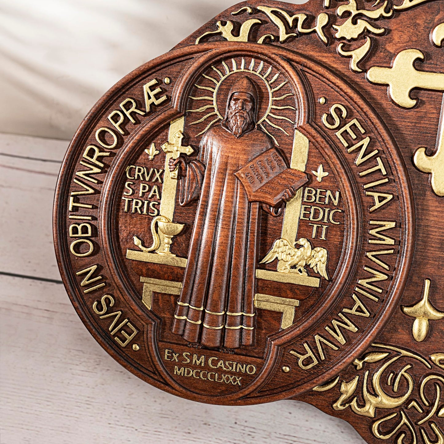 bgcarpenter Wooden Saint Benedict Plaque, St Benedict Medal Wall Decor Wall Art, Handmade Wall Hanging Sign, Religious Wall Plaque for Living Room Bedroom Kitchen - 16 Inch