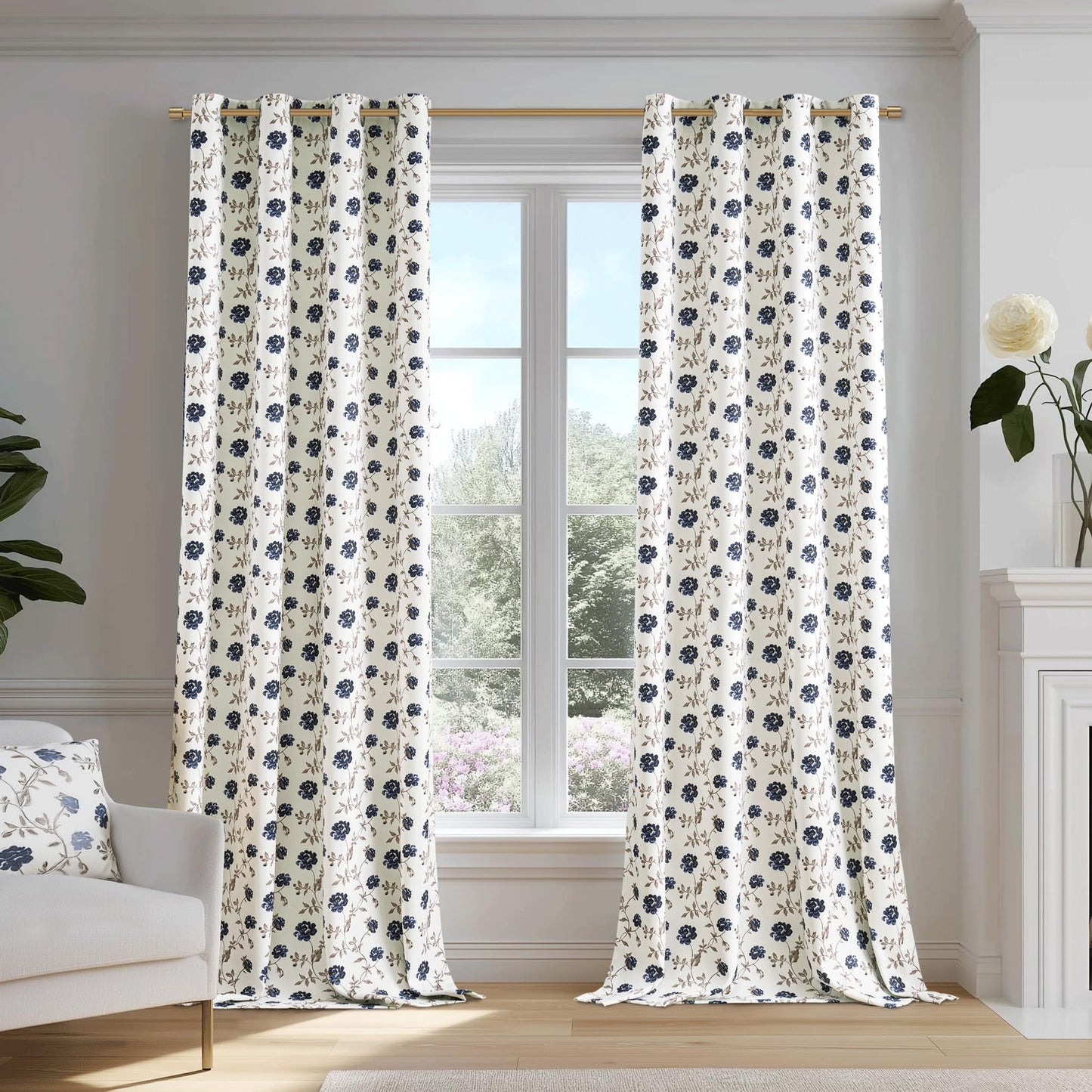 Beauoop Floral 100% Blackout Curtains 84 Inches Long 2 Panels for Bedroom Living Room Blue Brown on Beige Vintage Rose Flower Patterned Room Darkening Thermal Soundproof Grommet Window Drapes, 52X84