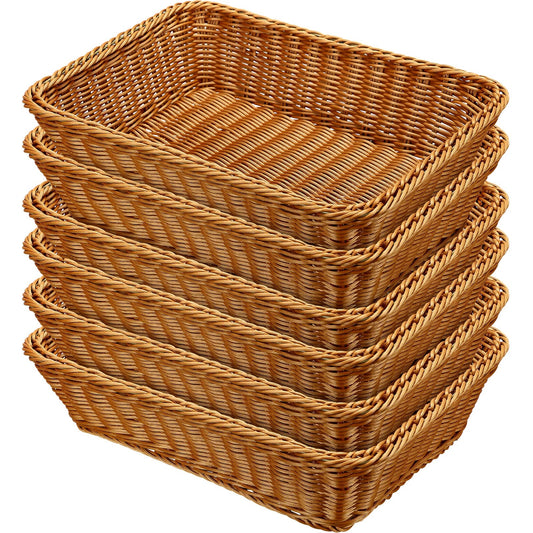 Eccliy 6 Pack Wicker Bread Baskets 15.8 Inch Woven Serving Basket for Gifts, Poly Wicker Storage Rectangle Rattan Display Trays for Bread Food Vegetables Fruit Snacks Tabletop Restaurant Home