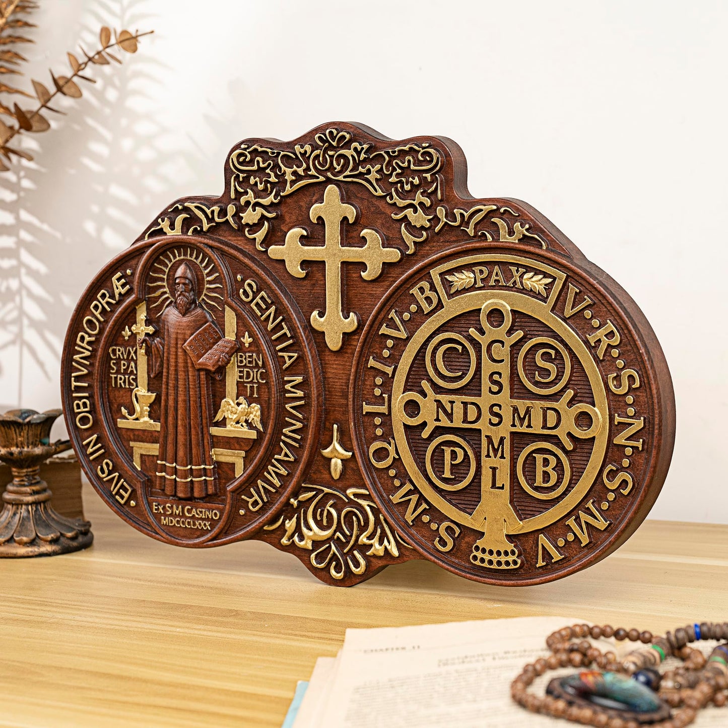bgcarpenter Wooden Saint Benedict Plaque, St Benedict Medal Wall Decor Wall Art, Handmade Wall Hanging Sign, Religious Wall Plaque for Living Room Bedroom Kitchen - 16 Inch