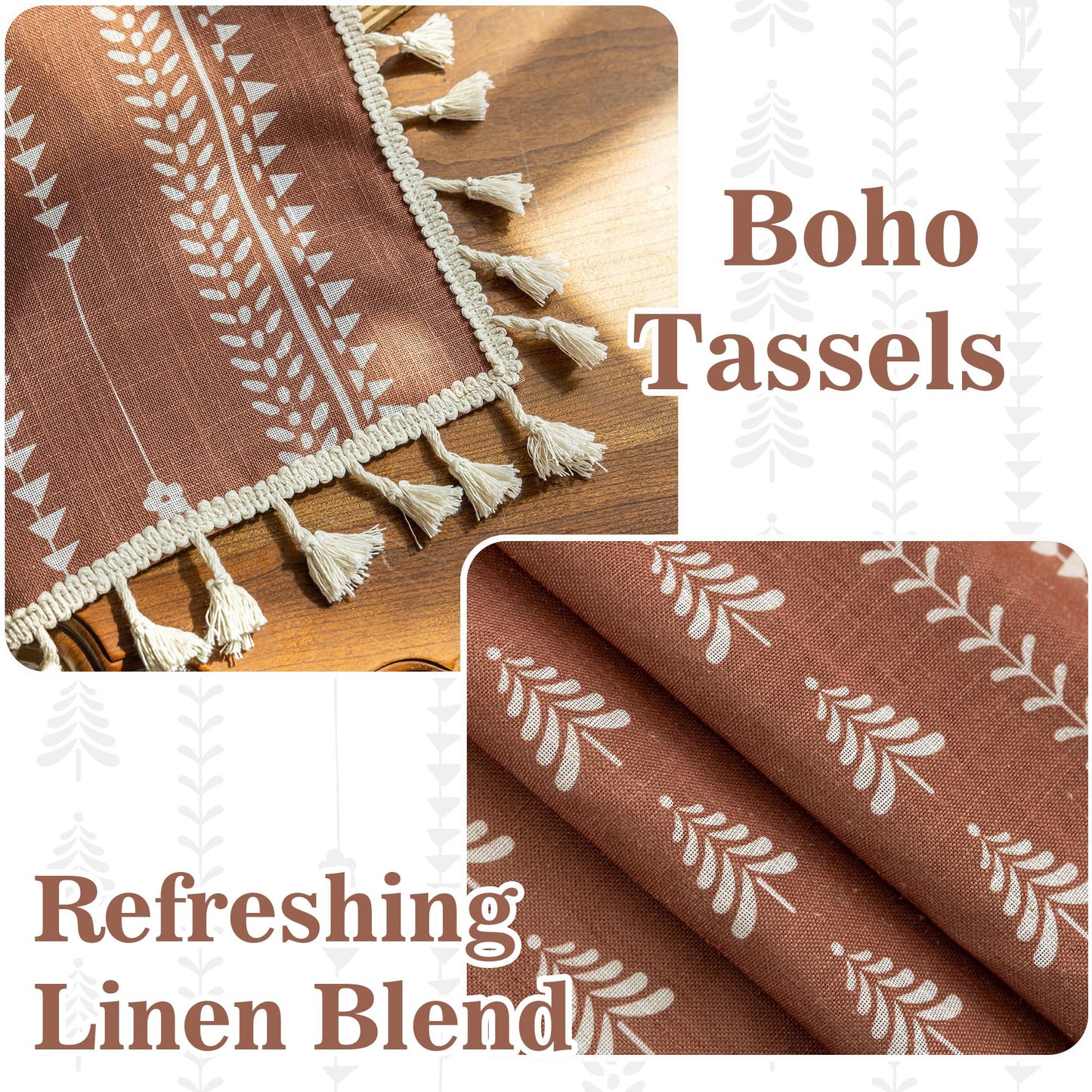 MEETSKY Boho Curtains for Living Room, Terracotta Curtains 84 Inch Long Linen Blended Semi Sheer Curtains with Tassels Back Tab, Light Filtering Patterned Drapes 50" W x 84" L Each Panel, 2 Panels