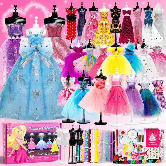 Axirata 1000+PCS Fashion Design Kit for Girls Creativity DIY Arts & Crafts Kit for Kids with 4 Mannequins, Fashion Designer Sketchbook, Sewing Kit for Teen Girls Birthday Gift Age 6 7 8 9 10 11 12+
