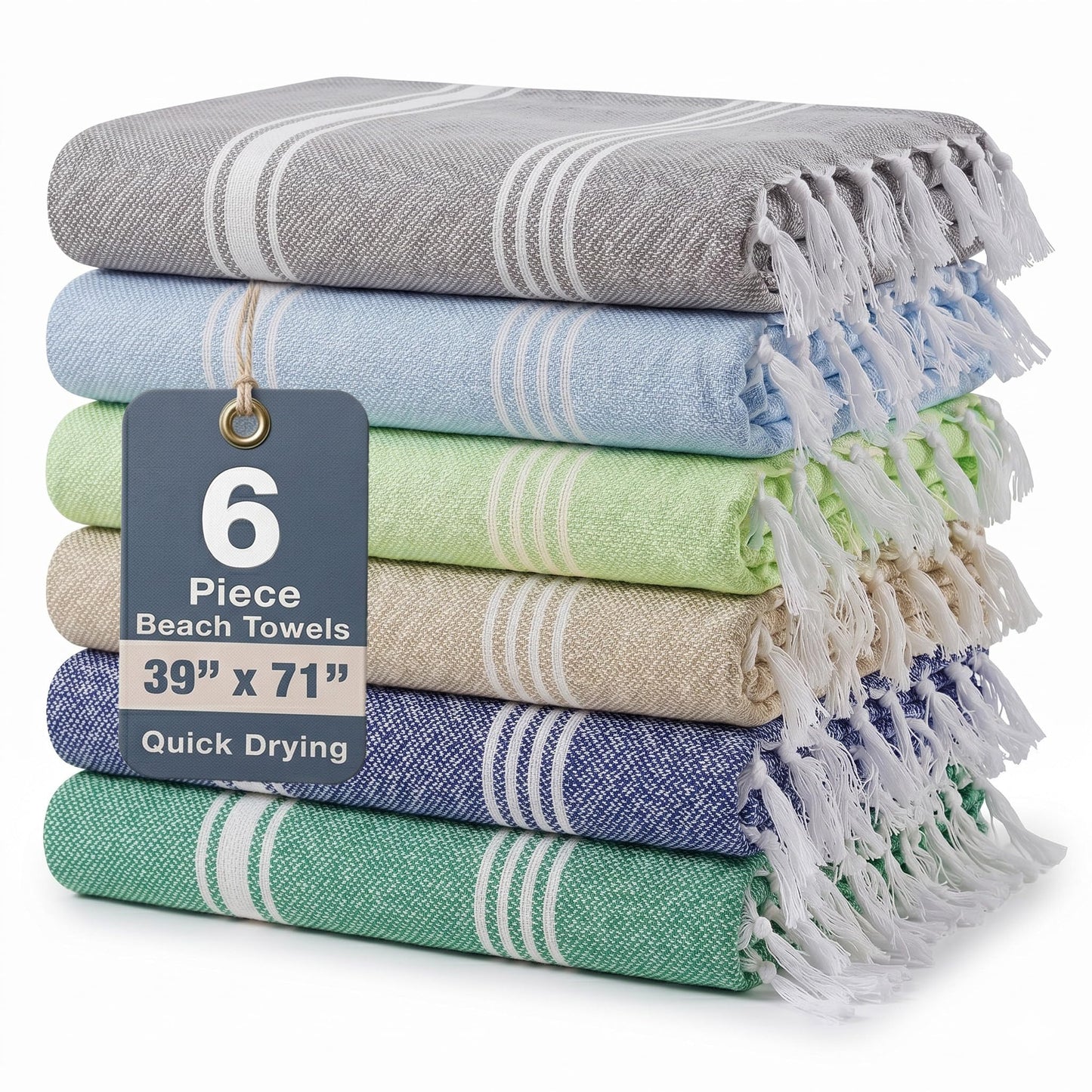 Casa Platino Turkish Beach Towels Set of 6, Lightweight and Soft Quick Dry Towels, Pre-Washed and Sand Free, Ideal for Travel, Summer Vacations, Family Trips, or Resort Pool Use – 39"x71" Beach Grass