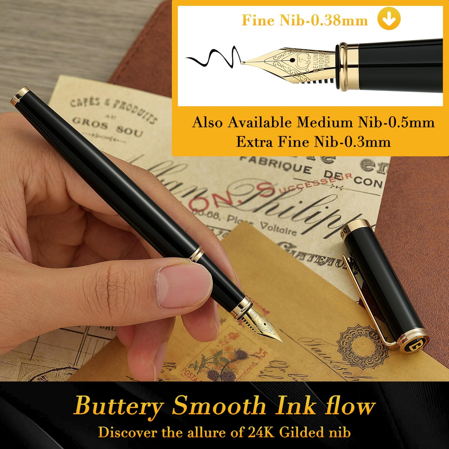 BEILUNER Black Fountain Pen,Stunning Luxury Pens with 24K Gold Accents, Gorgeous 24K Gilded Nib(Fine), Trustworthy Pen Gift for Men&Women -Ink Converter-Elegant, Reliable,Fancy Pen for Writing