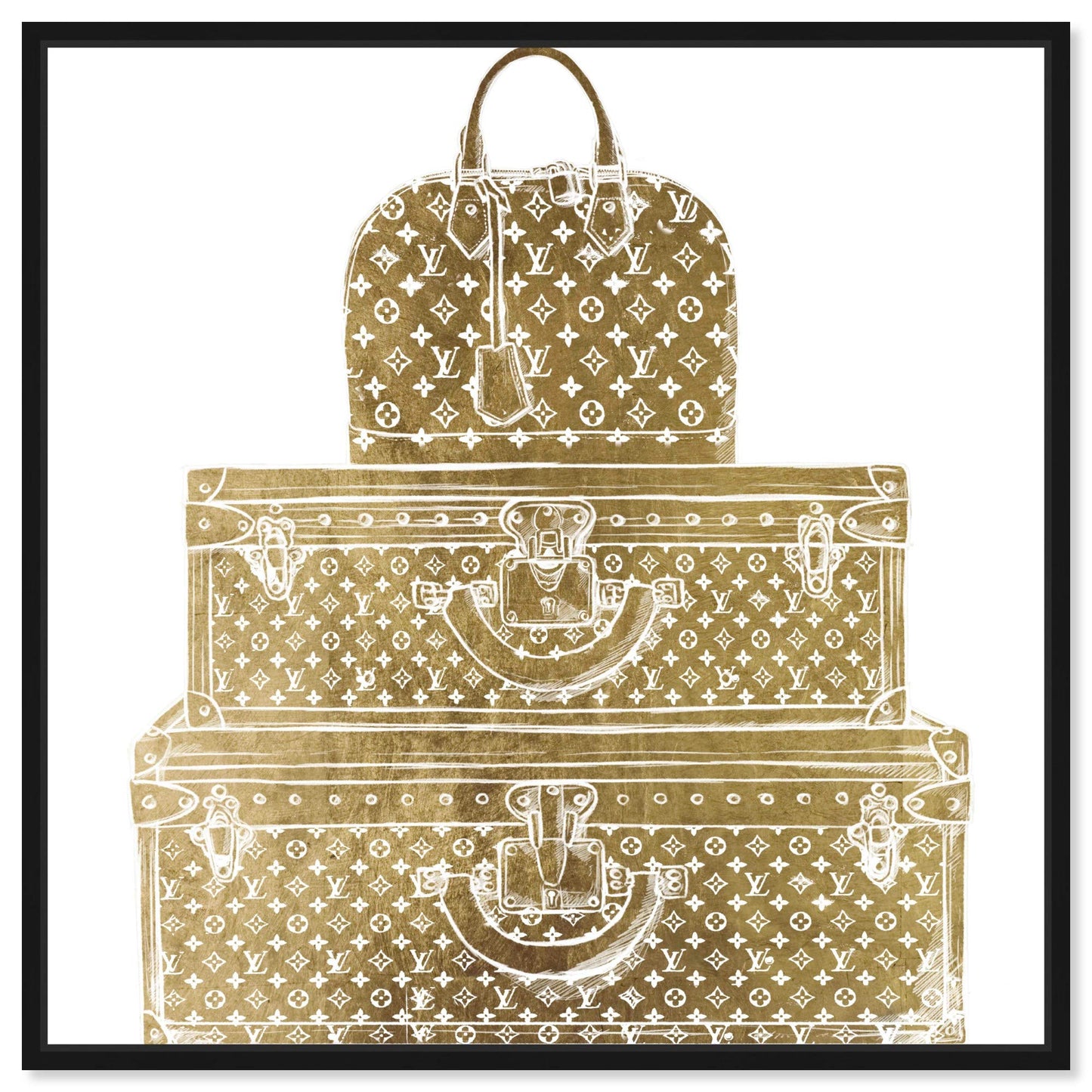 The Oliver Gal Artist Co. Fashion and Glam Framed Wall Art Canvas Prints 'Royal Bag and Luggage Diecut' Travel Essentials Home Décor, 12 in x 12 in, Gold, White
