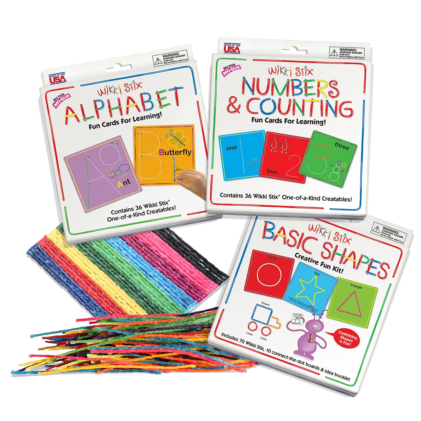 Wikki Stix Early Learning Trio, Alphabet, Numbers and Shapes for Easy, Fun Preschool Learning, Made in The USA