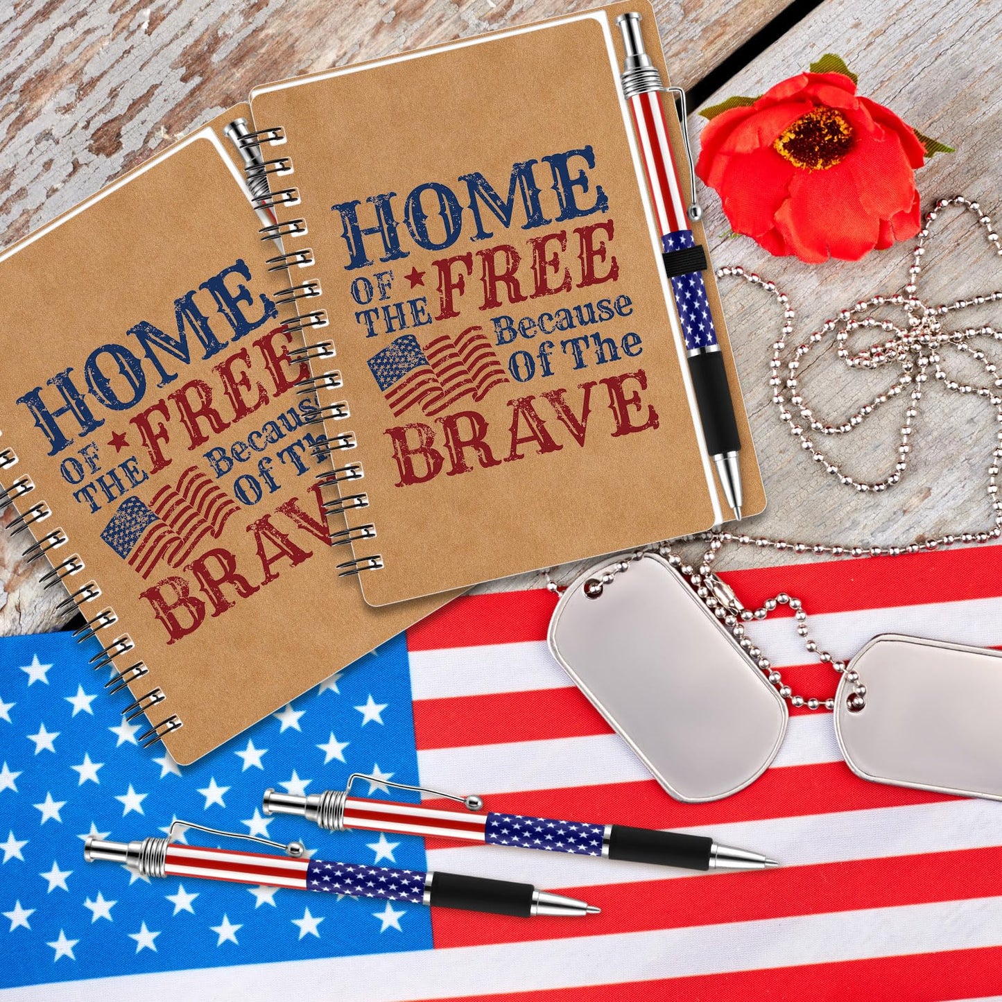 Resurhang 250th Anniversary Memorial Day Gift American Flag Ballpoint Pens Spiral Notebooks Home of The Free Because of The Brave Journal USA Patriotic for Veteran Military Soldier 250th Gift(24 Set)