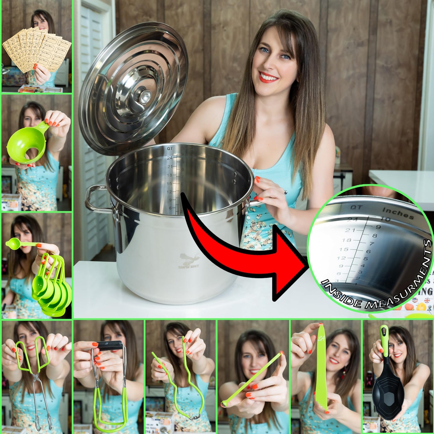 Food Grade 24 Qt. Stainless Steel Water Bath Canning Pot w/Canning Supplies Starter Kit for Beginners - Canning Rack, XL Ladle, Measuring Cups, Funnel,Tongs,Jar Lifter & Wrench,Lid Lifter by Supa Ant