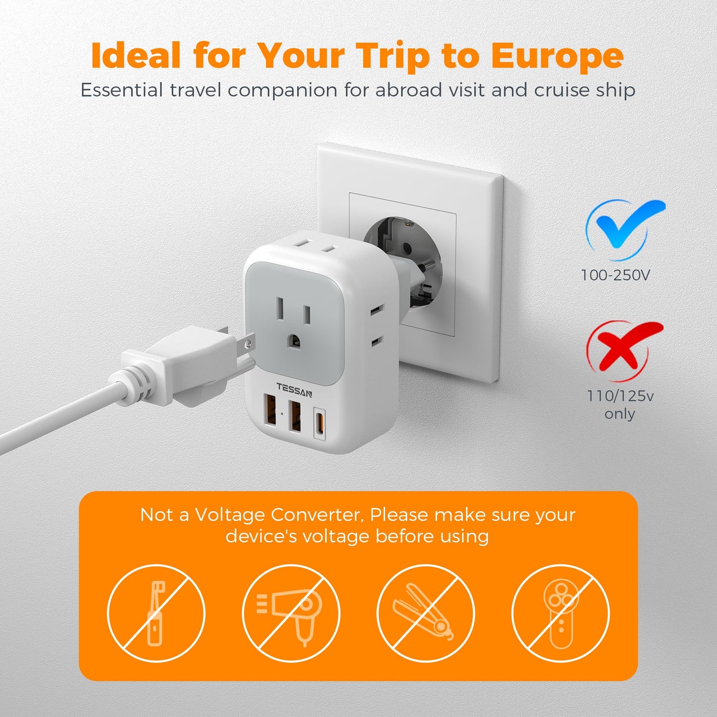 TESSAN European Travel Plug Adapter 2 Packs, Type C Europe Adaptor Foldable Plug 4 Outlets 3 USB(1 USB C PD 20W), US to Spain France Italy Germany Denmark Iceland European Travel Must Haves