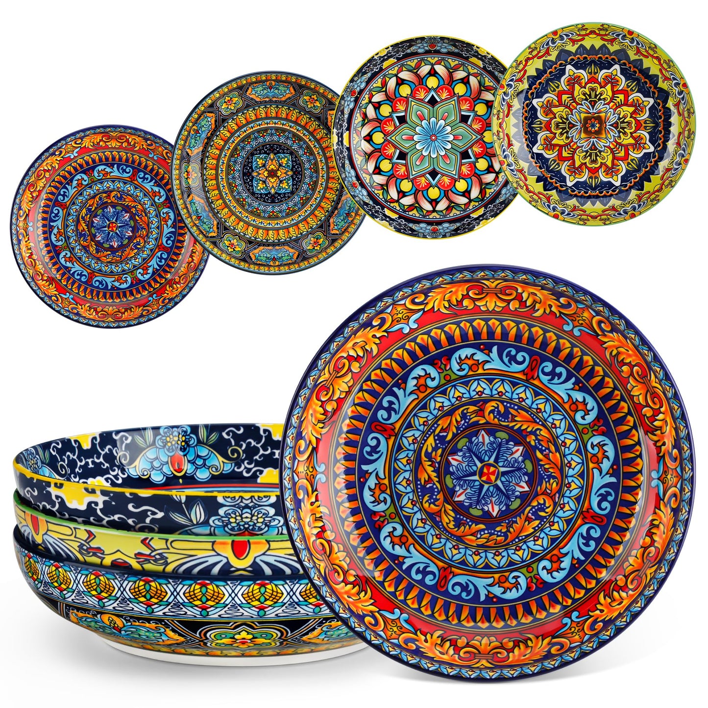 vancasso Pasta Bowls Set of 4, Ceramic Salad Serving Bowls, 42Oz Large Pasta Bowls, 8.7 in Colorful Bowl Plates for Soup, Bohemian Shallow Bowls for Kitchen, Microwave & Dishwasher Safe