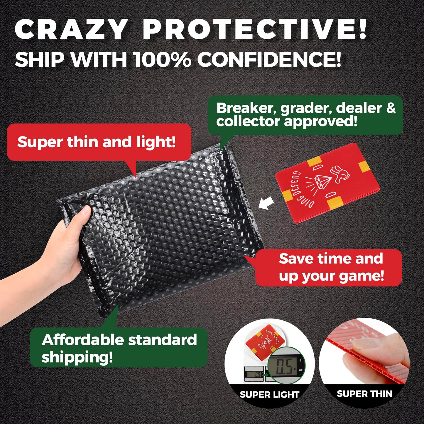 Ding Defend 510 Pack Trading Card Mailing Protectors - Hard Plastic Slab - Diamond Hands Card Guard Packaging Pads for Collectibles, Shipping & Hobby Supplies - 3.5 x 4.5 Inches