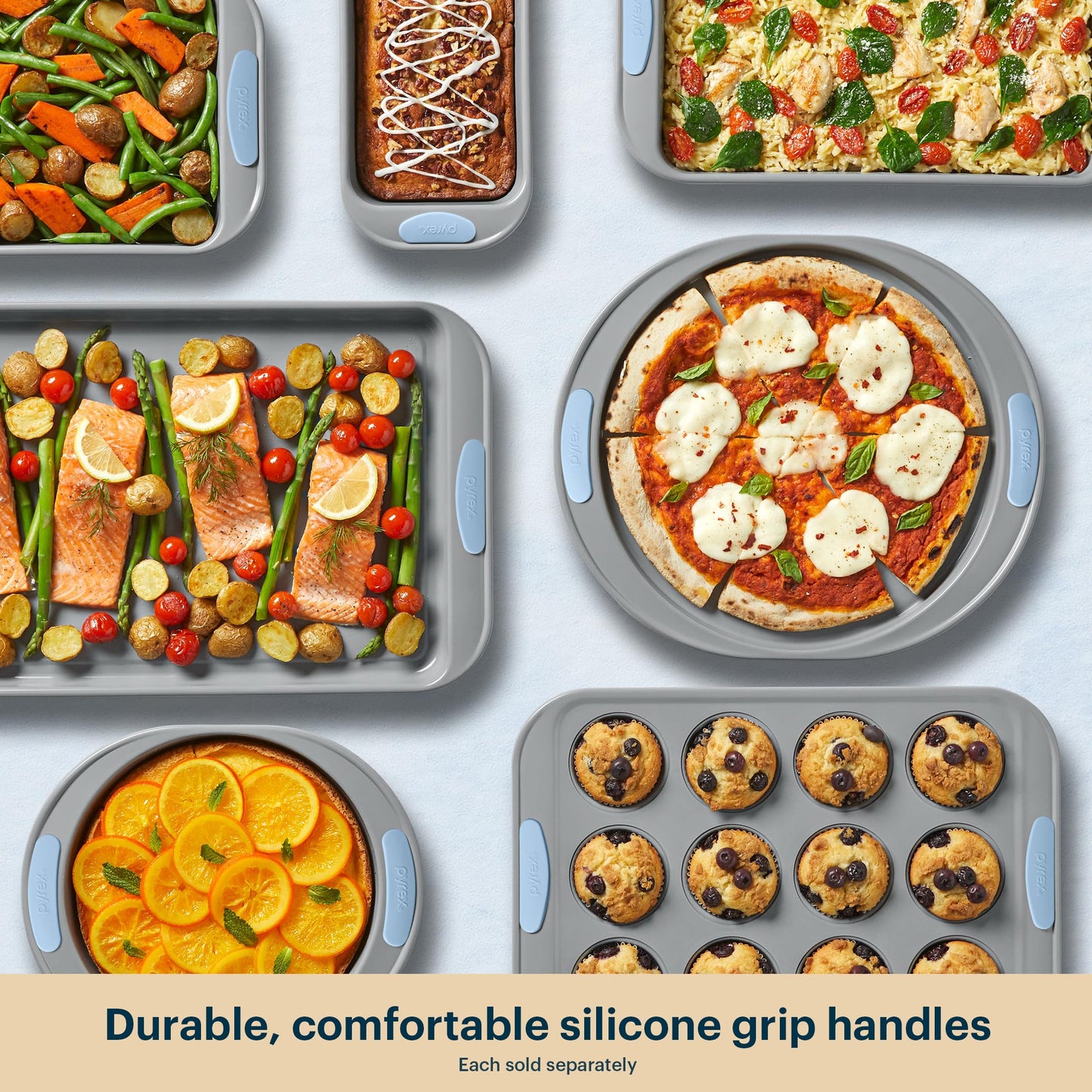 Pyrex 3-Piece Metal Cookie & Muffin Sheet Bakeware Set, Lightweight Stainless Steel Baking Trays with Heatsafe Silicone Handles, Cookie Muffin Sheet Baking Pan, Cerulean