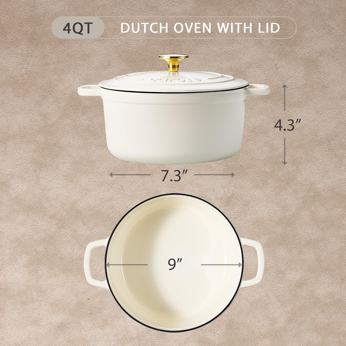 CAROTE Enameled Cast Iron Dutch Oven Pot with Lid, 4 QT Dutch Ovens, Heavy-Duty Cast Iron Pot for Sourdough Bread Baking, Braising, Stews, Roasting, Healthy & Non-Toxic, Dual Handles, All Stovetop Compatible, Oven Safe up to 500° F, Cream White