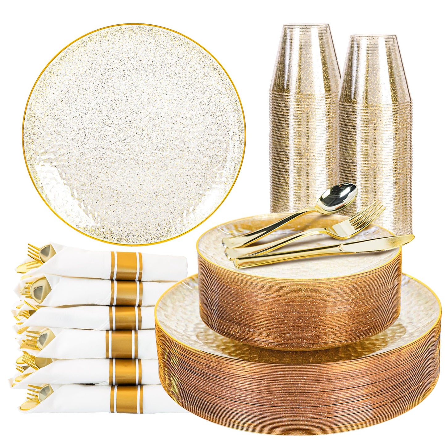 HOMIP 350 PCS Plastic Dinnerware Set (50 Guests), Clear Party Plates Include 50 Dinner Plate, 50 Dessert Plate, 50 Cups, 50 Gold Cutlery Set And Pefect for Party and Wedding