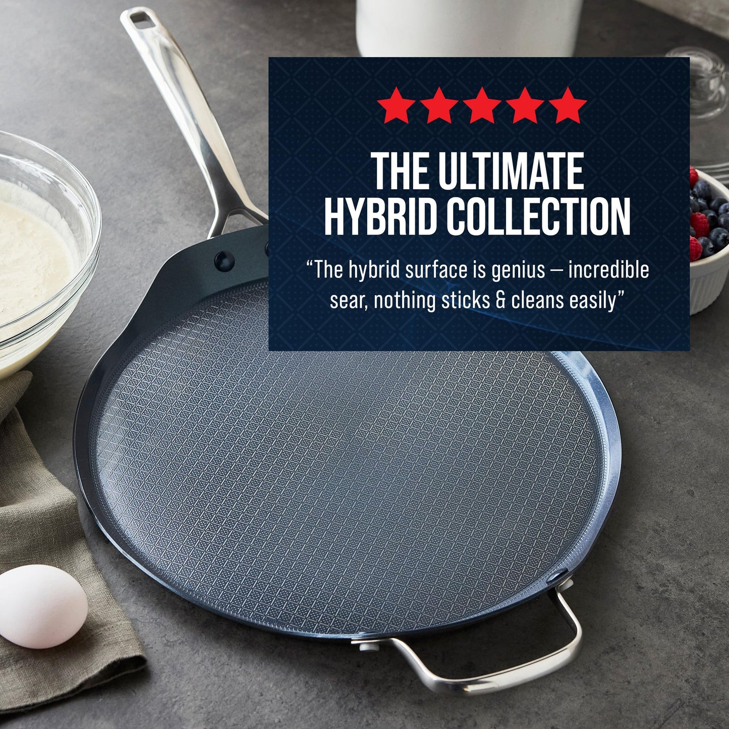 Blue Diamond Hybrid Nonstick Stainless Steel 12" Griddle Pan, XL Skillet, PFAS-Free Ceramic Diamond Bond Searing, Pancakes & Omelets, Dishwasher Safe, Stay-Cool Handle, Induction Ready, All Cooktops