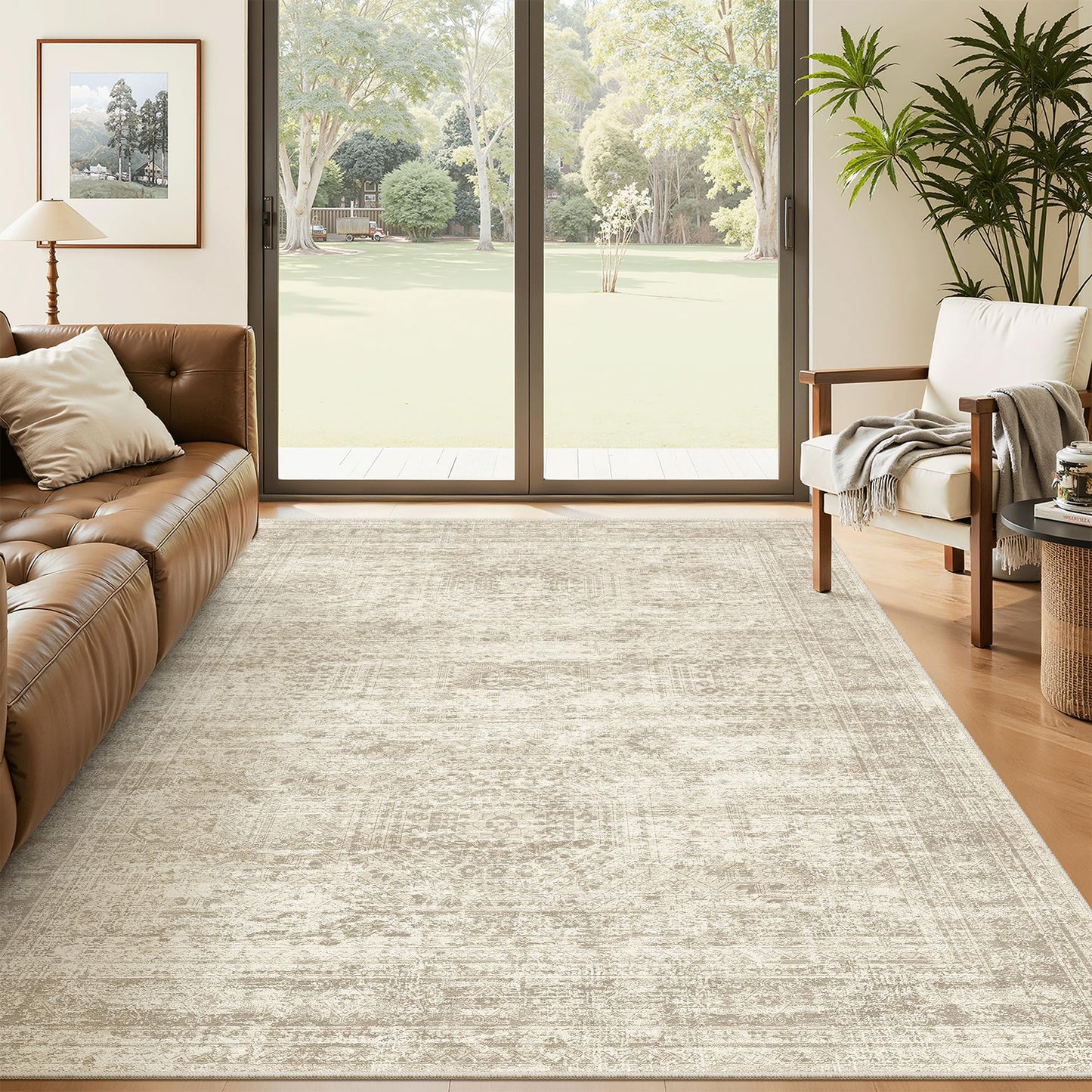 Soalmost 5x8 Area Rugs Beige Low Pile Indoor Washable Trendy Faded Style Rugs for Bedroom Living Room Dining Room Foldable Non-Slip Thin Print Home Office Mat