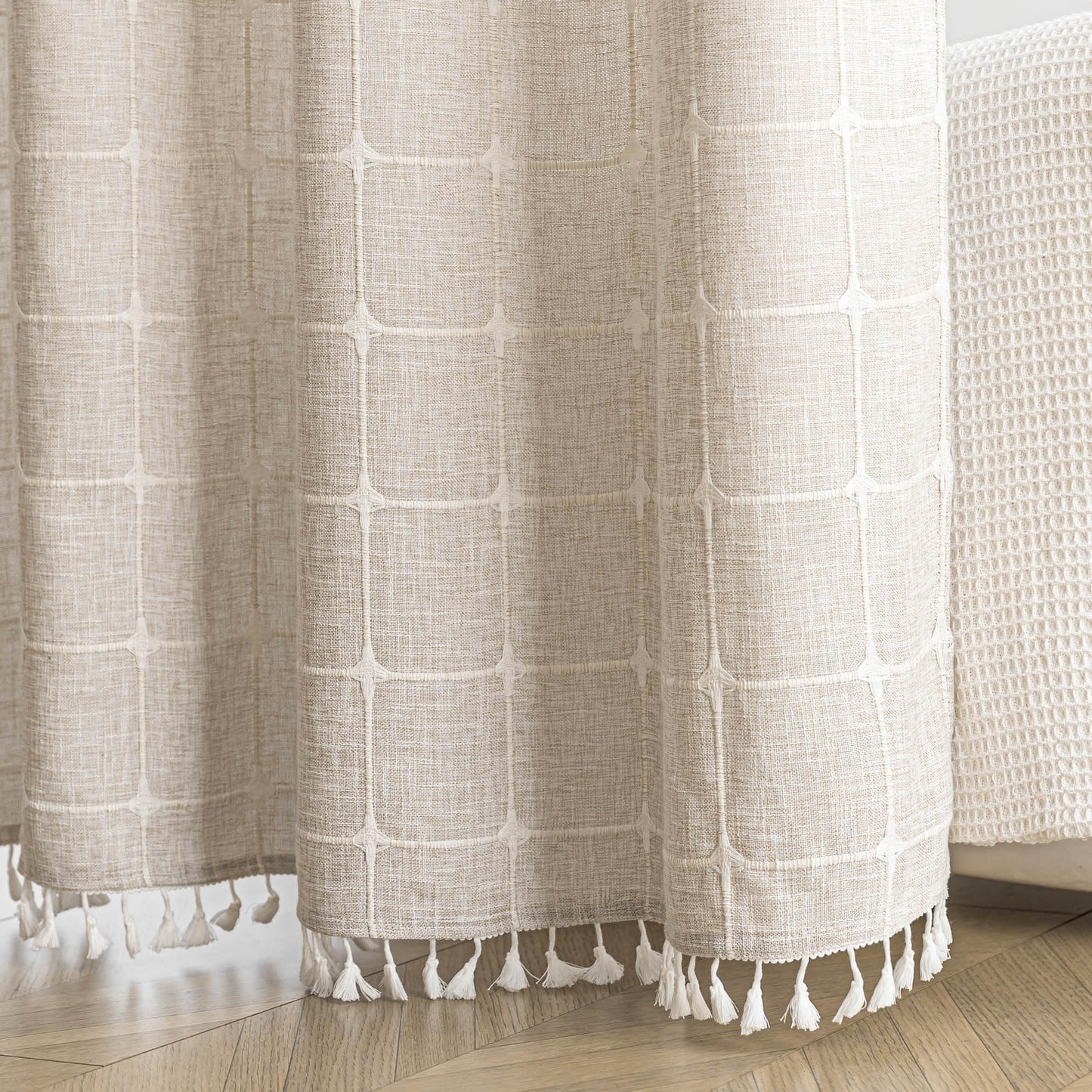Farmhouse Shower Curtain with Snap-in Liner,No Hooks Needed, Fabric Shower Curtains with Tassels for Rustic Bathroom Decor,with Window,with Magnets,Water Repellent&Machine Washable,Linen,71x80Inch