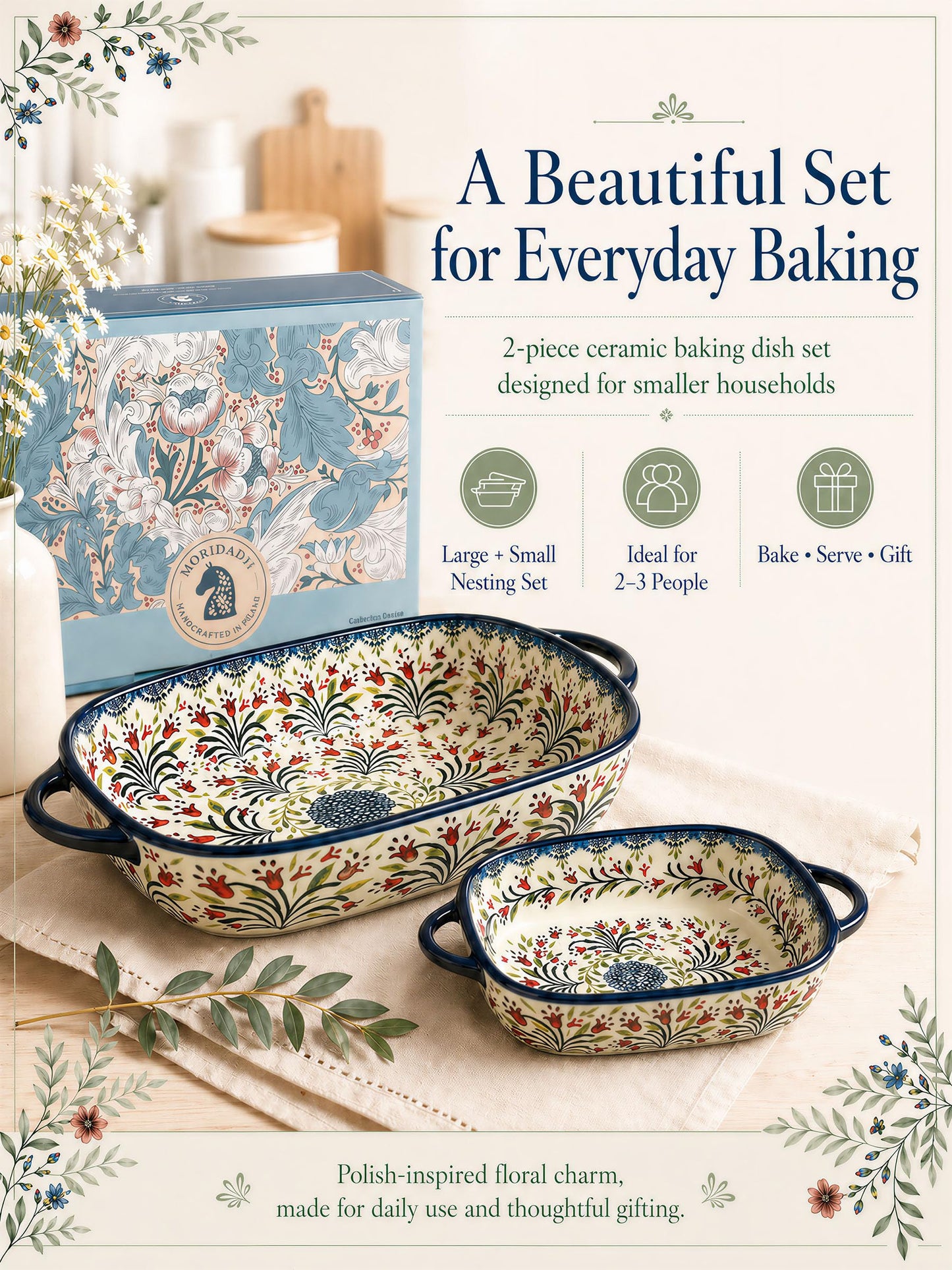 Polish Pottery Style Ceramic Baking Dish Set, 2-Piece Large & Small Casserole Bakers for 2–3 People, Floral Oven-to-Table Bakeware, Microwave & Dishwasher Safe, Gift-Ready with Protective Packaging