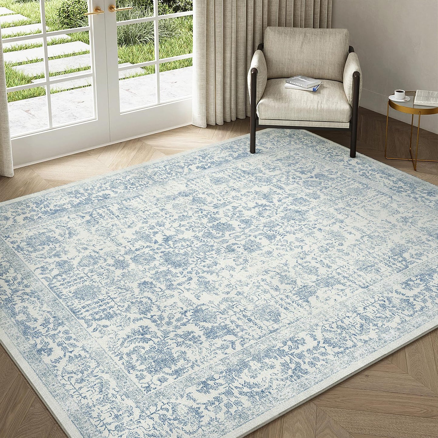 PureCozy Blue Area Rug 5x7 Machine Washable Vintage Living Room Distressed Non Slip Carpet Traditional Indoor Bedroom Retro Floral Accent Throw Large Rug Office Kitchen Bathroom Dining Room